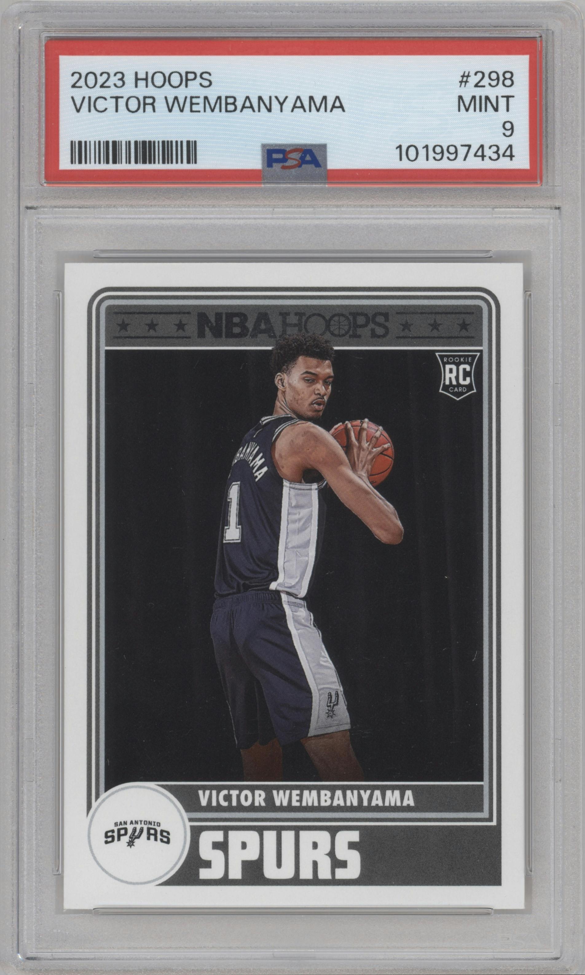 Victor Wembanyama from the 2023-24 Panini NBA Hoops set graded by PSA and given an overall grade of 9.