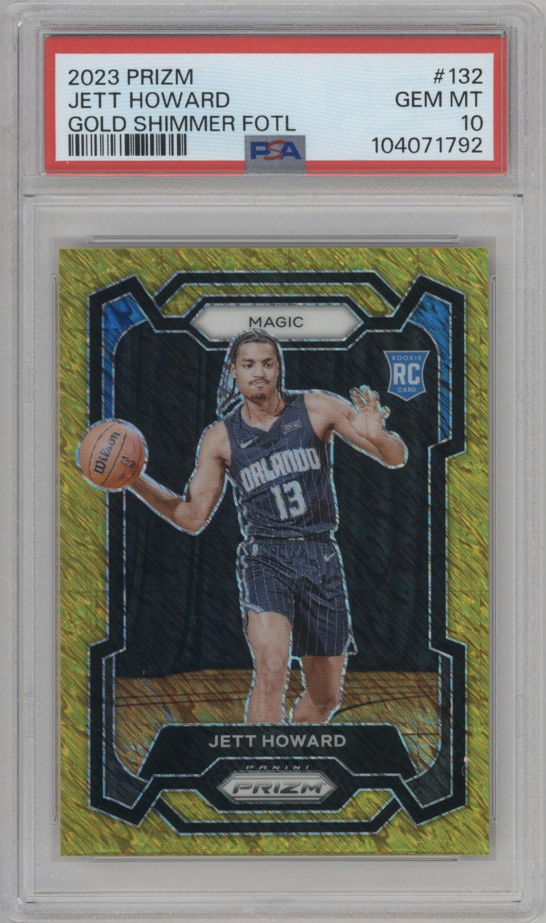 Jett Howard from the 2023-24 Panini Prizm set featuring a FOTL Gold Shimmer parallel graded by PSA and given an overall grade of 10.