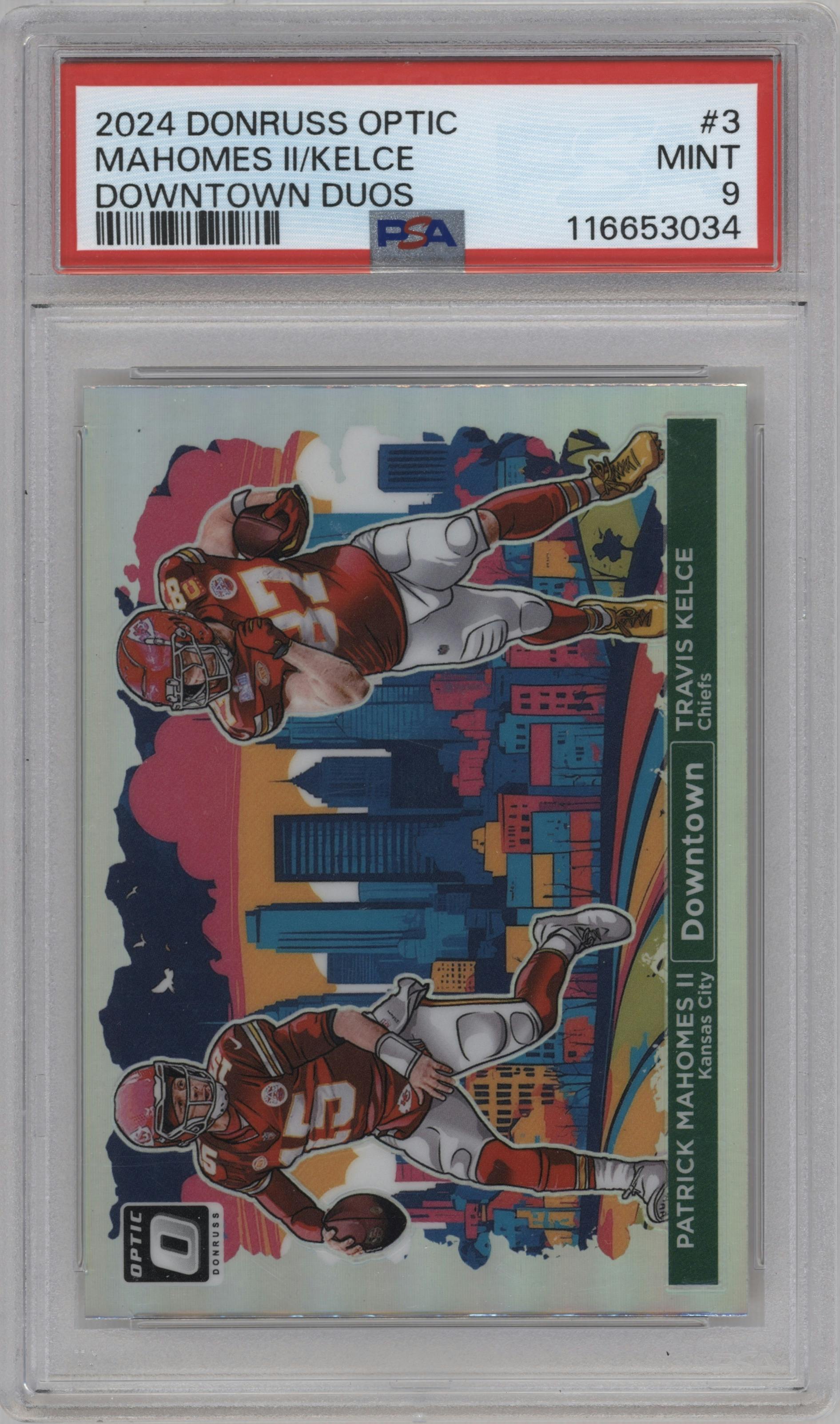 Patrick Mahomes II/Travis Kelce from the 2024 Donruss Optic set graded by PSA and given an overall grade of 9.