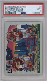 Patrick Mahomes II/Travis Kelce from the 2024 Donruss Optic set graded by PSA and given an overall grade of 9.