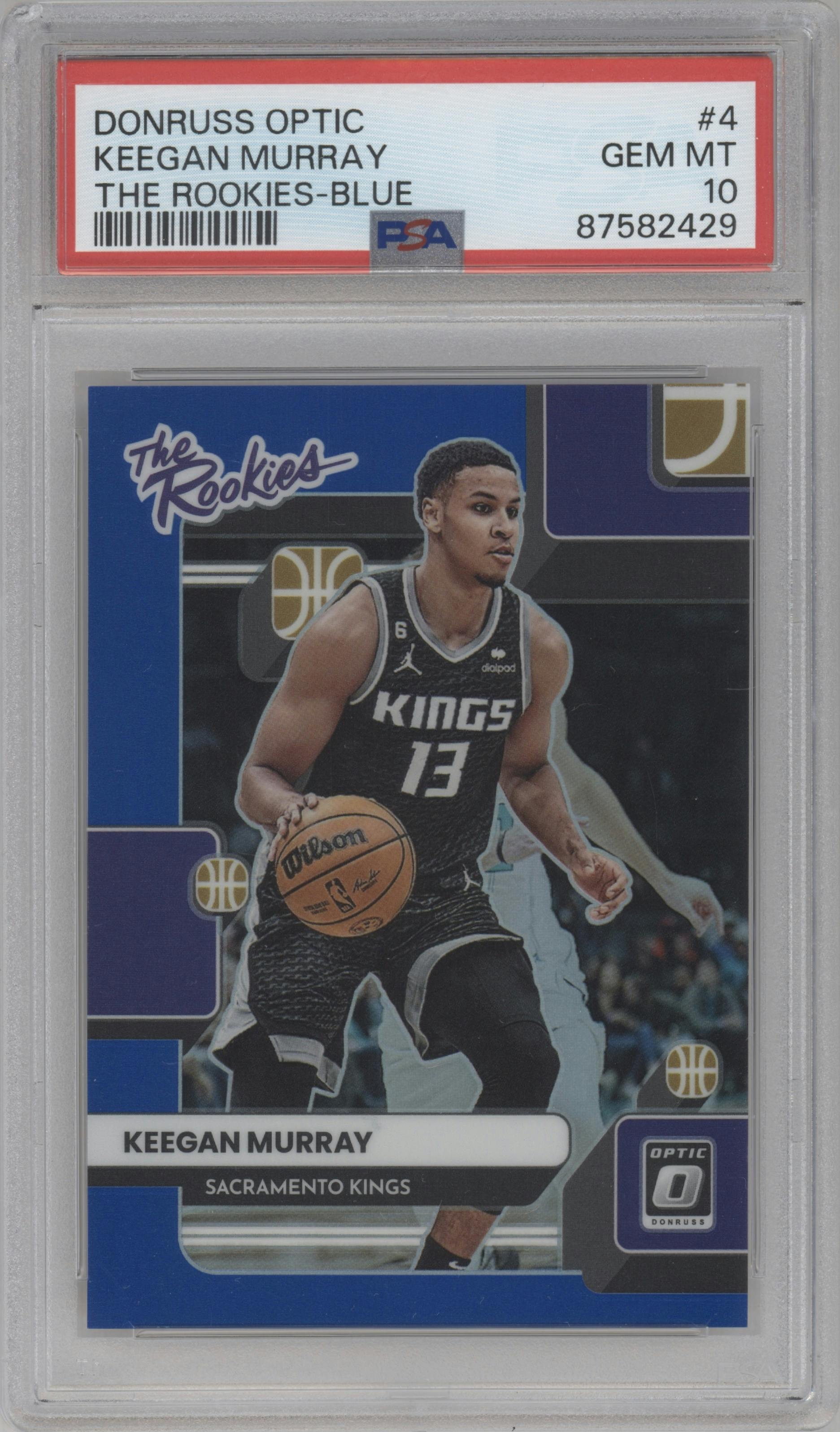 Keegan Murray  from the 2022-23 Panini Donruss Optic  set featuring a  Blue  parallel graded by PSA and given an overall grade of 10.