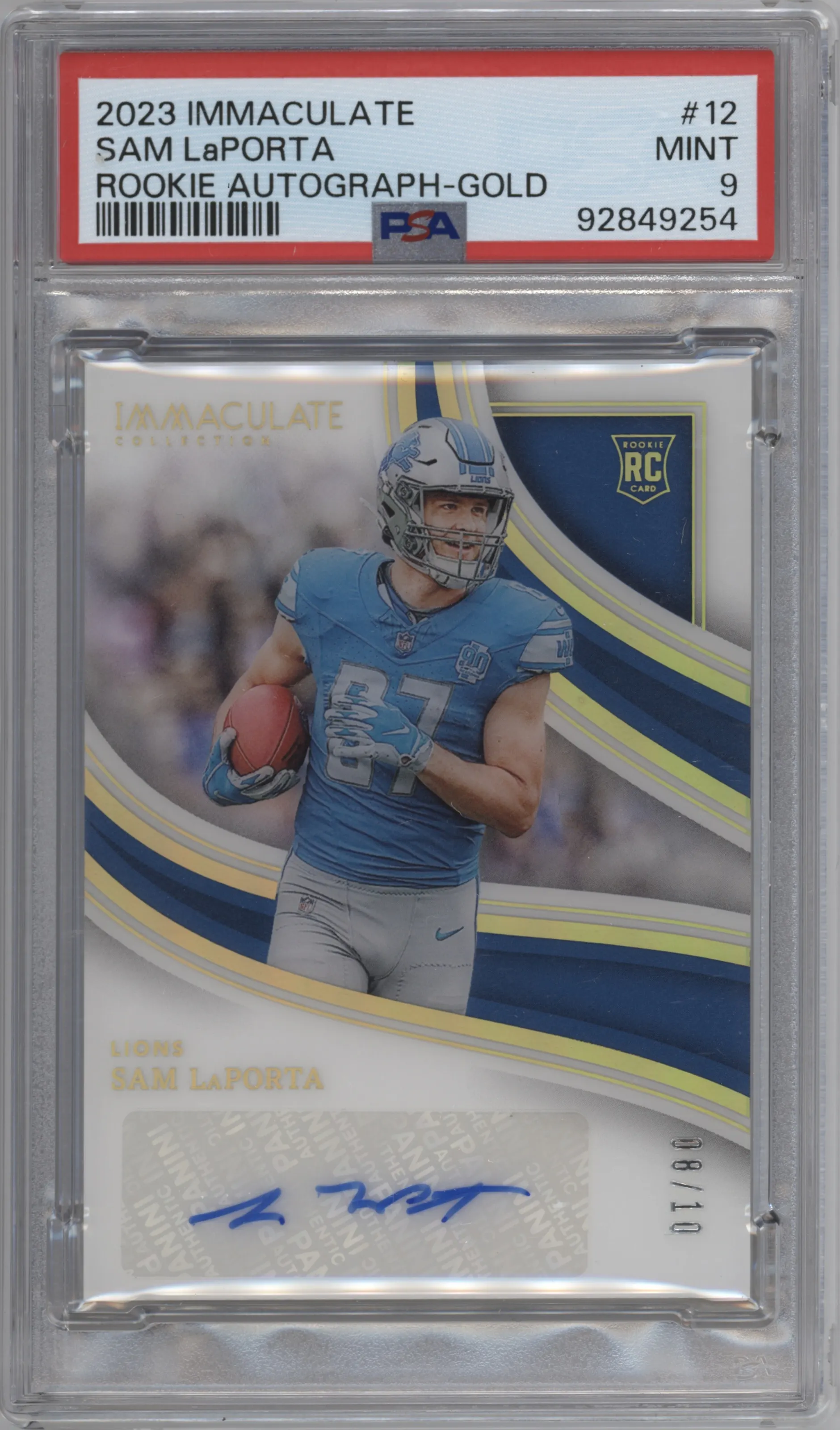 2023 Panini Immaculate Collection Rke.Auto Sam LaPorta Gold #12 PSA 9