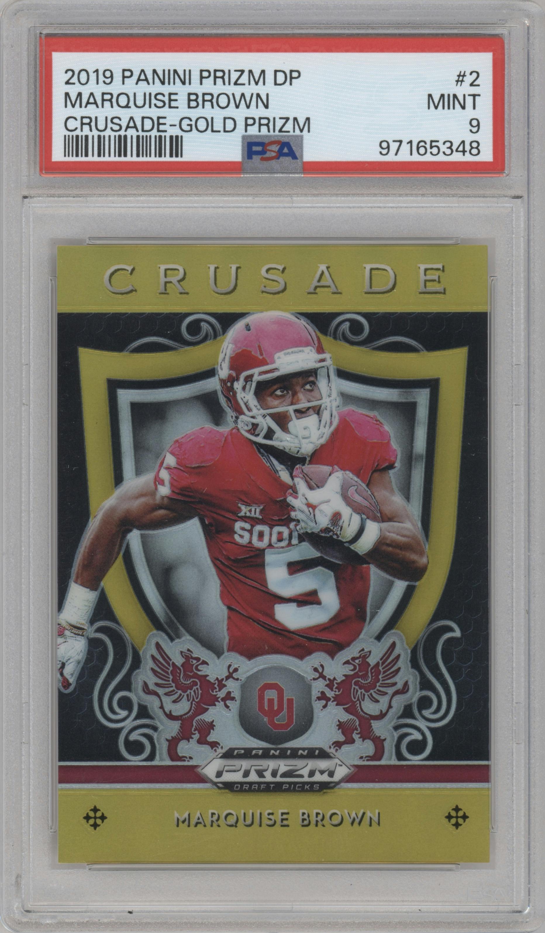 Marquise Brown from the 2019 Panini Prizm Draft Picks set featuring a Gold Prizm parallel graded by PSA and given an overall grade of 9.