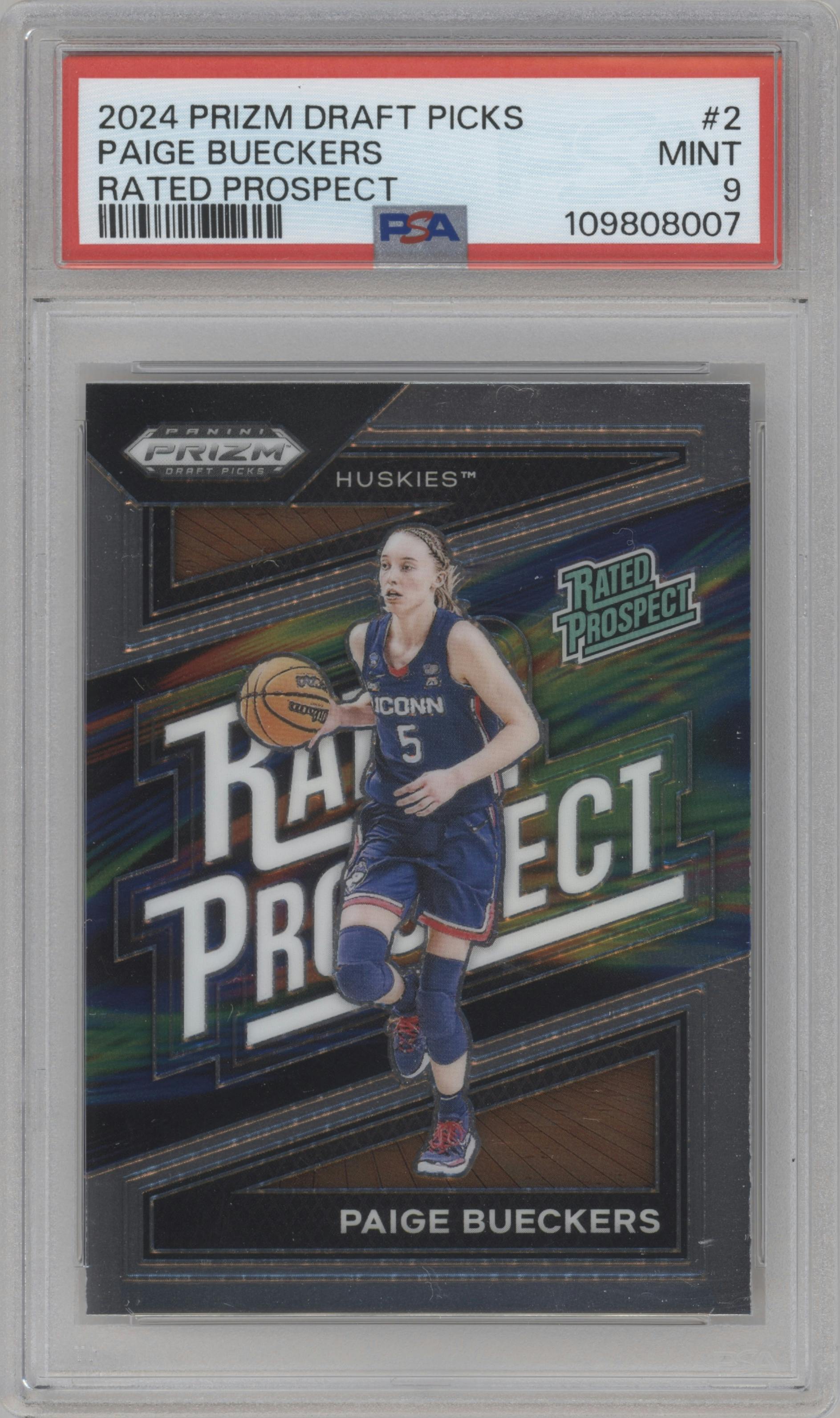 Paige Bueckers  from the 2024 Panini Prizm Draft Picks set graded by PSA and given an overall grade of 9.