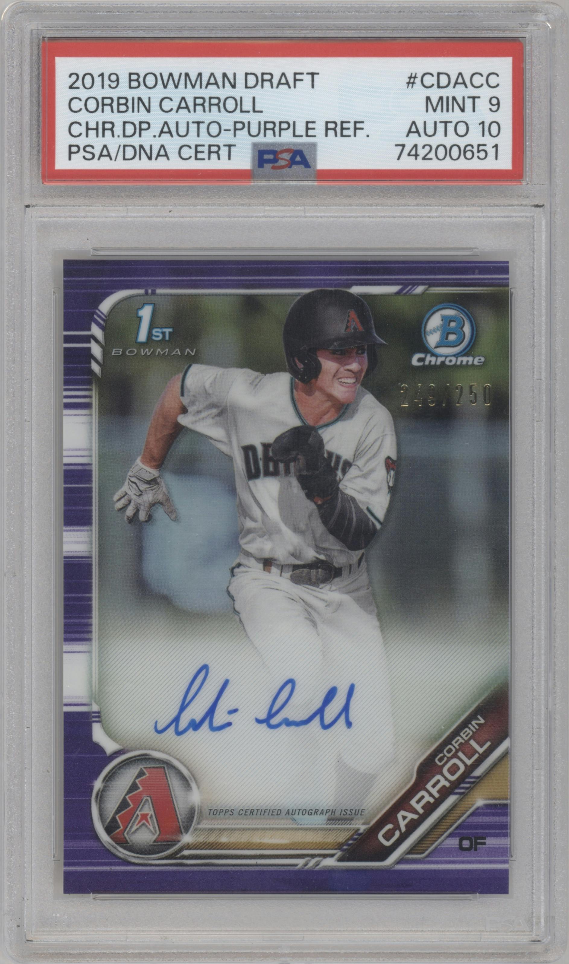 Corbin Carroll from the 2019 Bowman Draft set featuring a Purple Refractor parallel graded by PSA and given an overall grade of 9.
