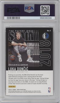 Luka Doncic from the 2020-21 Panini NBA Hoops set featuring a Holo parallel graded by PSA and given an overall grade of 8.