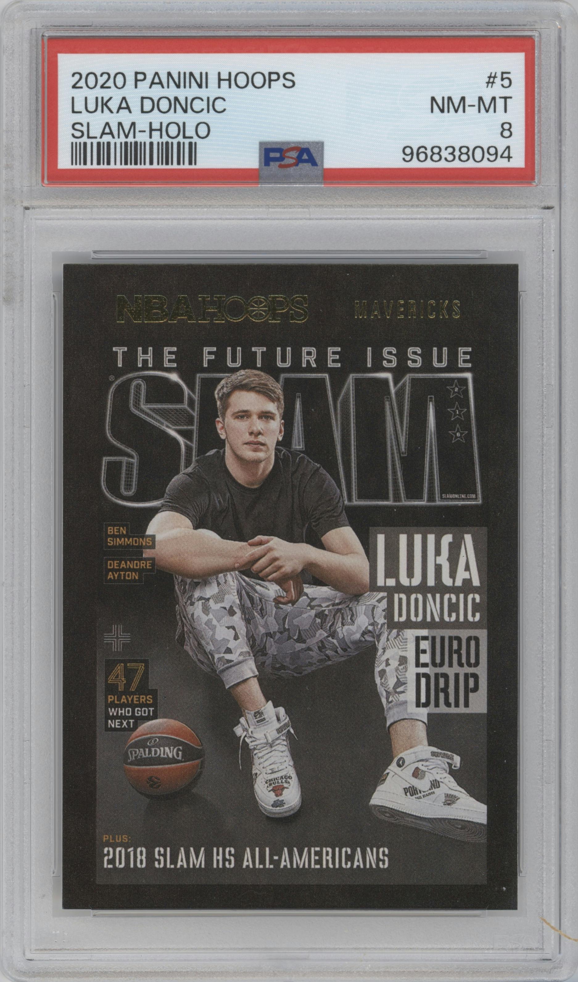 Luka Doncic from the 2020-21 Panini NBA Hoops set featuring a Holo parallel graded by PSA and given an overall grade of 8.