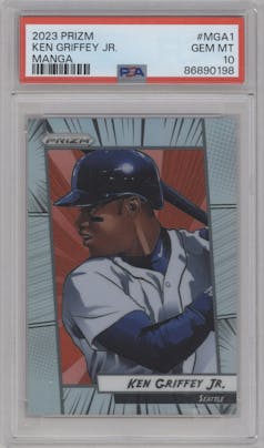 Ken Griffey Jr. from the 2023 Panini Prizm set graded by PSA and given an overall grade of 10.