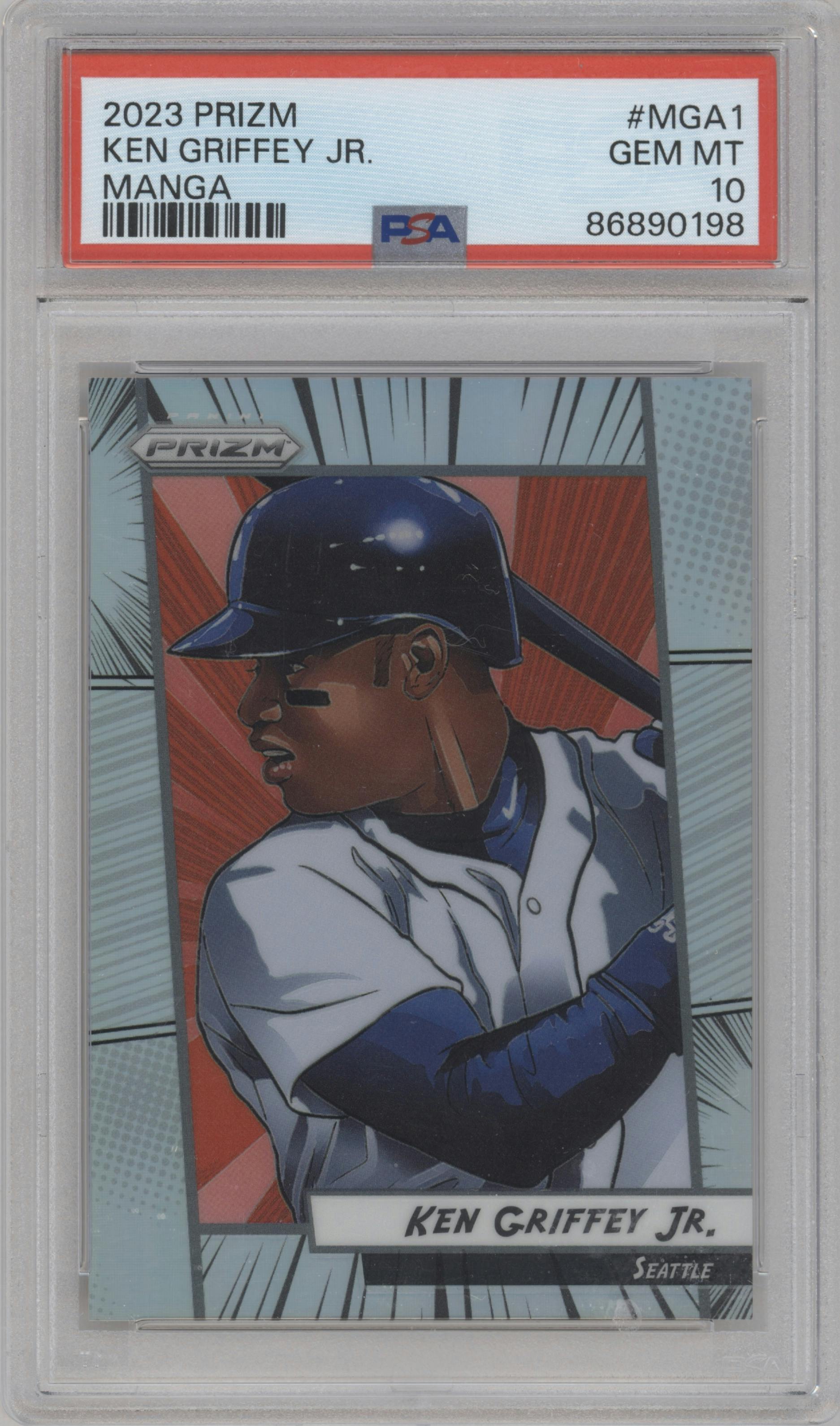 Ken Griffey Jr. from the 2023 Panini Prizm set graded by PSA and given an overall grade of 10.