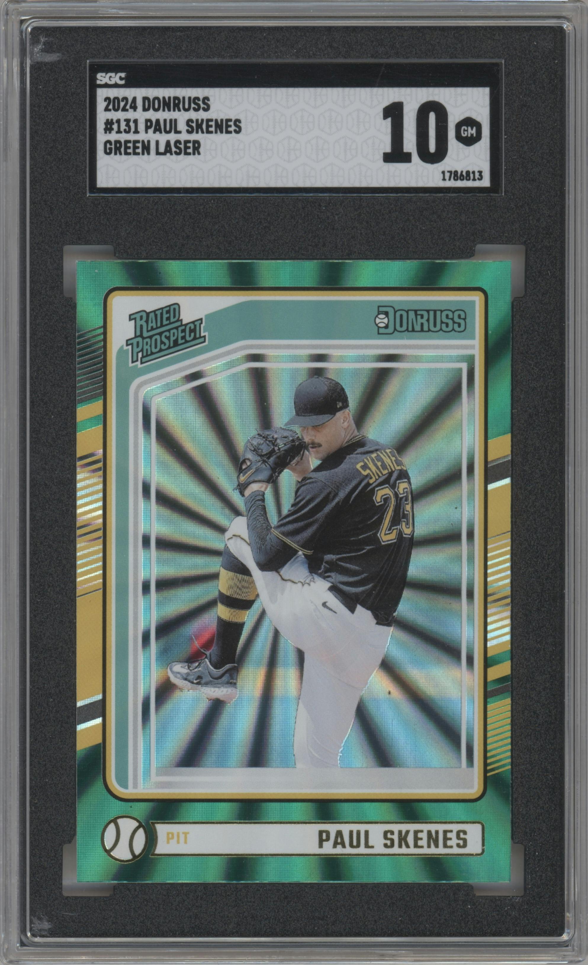 Paul Skenes from the 2024 Panini Donruss set featuring a Green Laser parallel graded by SGC and given an overall grade of 10.