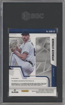 Spencer Strider from the 2022 Panini Mosaic set featuring a Choice Fusion parallel graded by SGC and given an overall grade of 10.