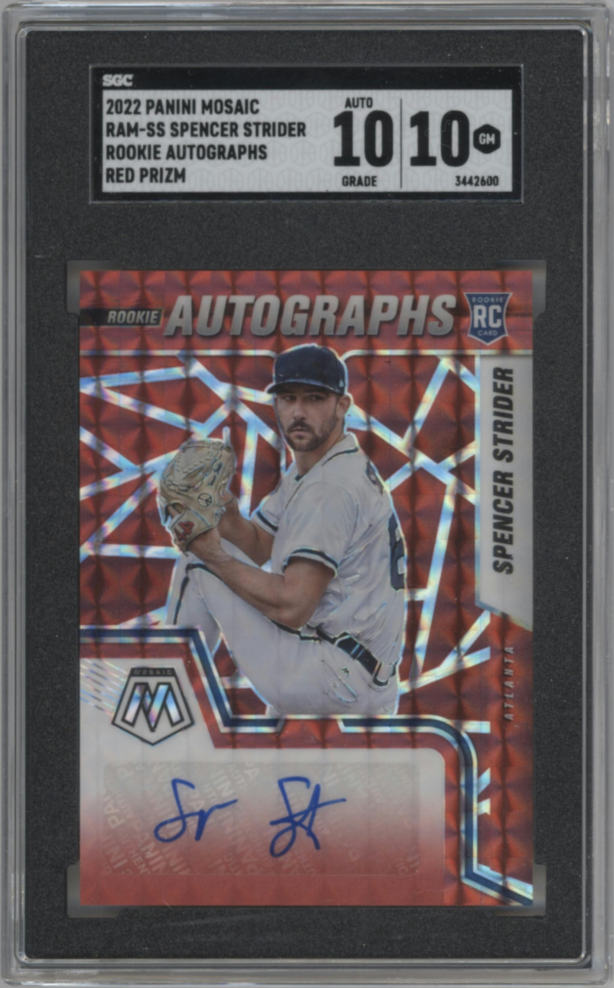 Spencer Strider from the 2022 Panini Mosaic set featuring a Choice Fusion parallel graded by SGC and given an overall grade of 10.