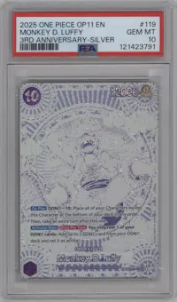 Monkey.D.Luffy from the 2025 One Piece set featuring a 3rd Anniversary Silver parallel graded by PSA and given an overall grade of 10.