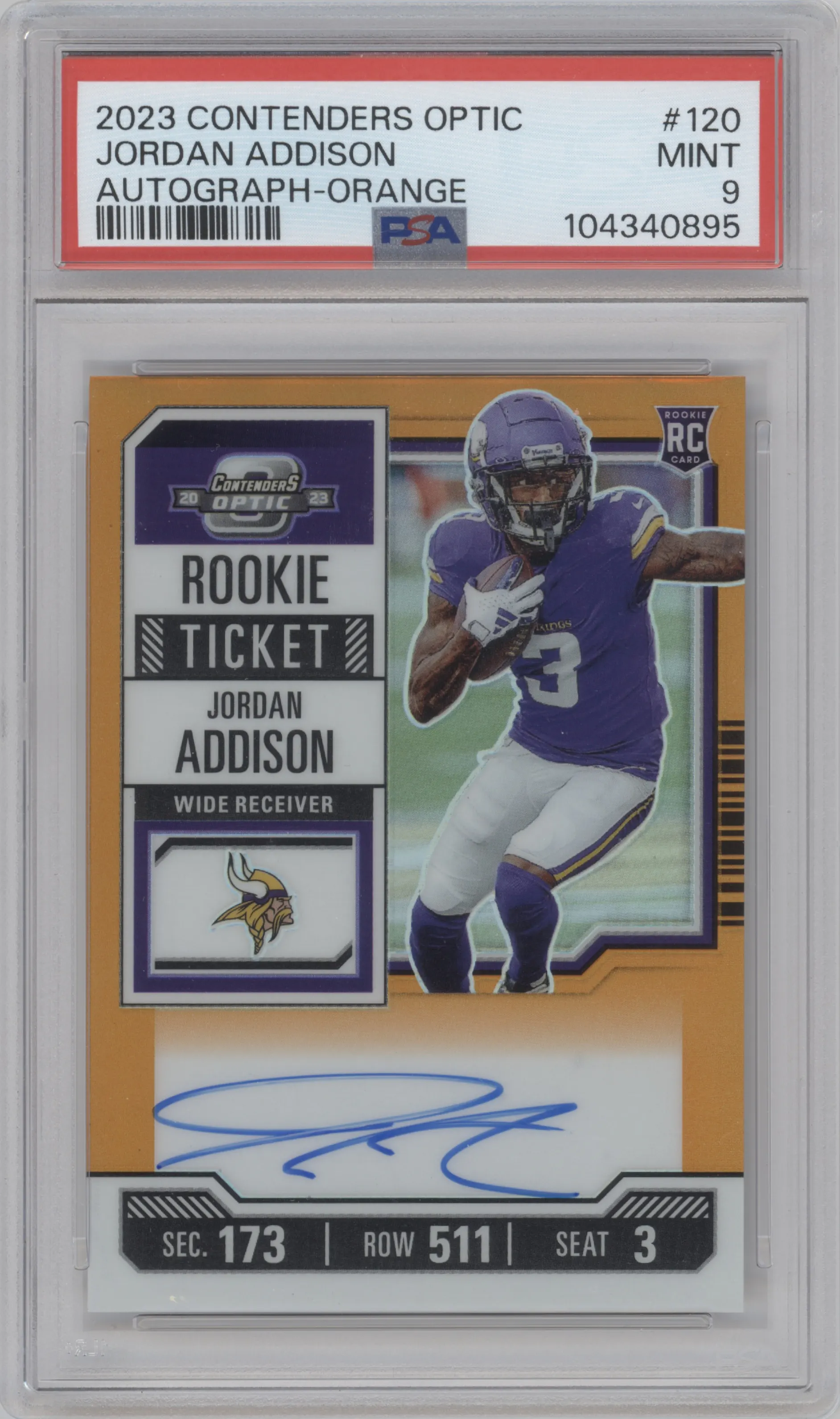 2023 Panini Contenders Optic Rke.Tkt.RPS Auto Jordan Addison Orange PSA 9
