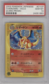 Charizard from the 2002 Pokemon JPN set featuring a eCard Promo parallel graded by PSA and given an overall grade of 10.