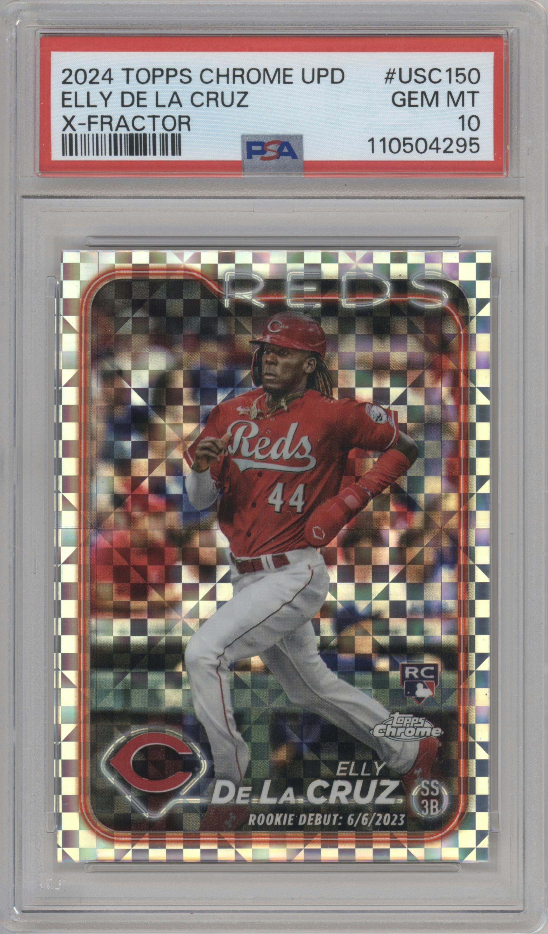 Elly De La Cruz from the 2024 Topps Chrome Update set featuring a X-Fractor parallel graded by PSA and given an overall grade of 10.
