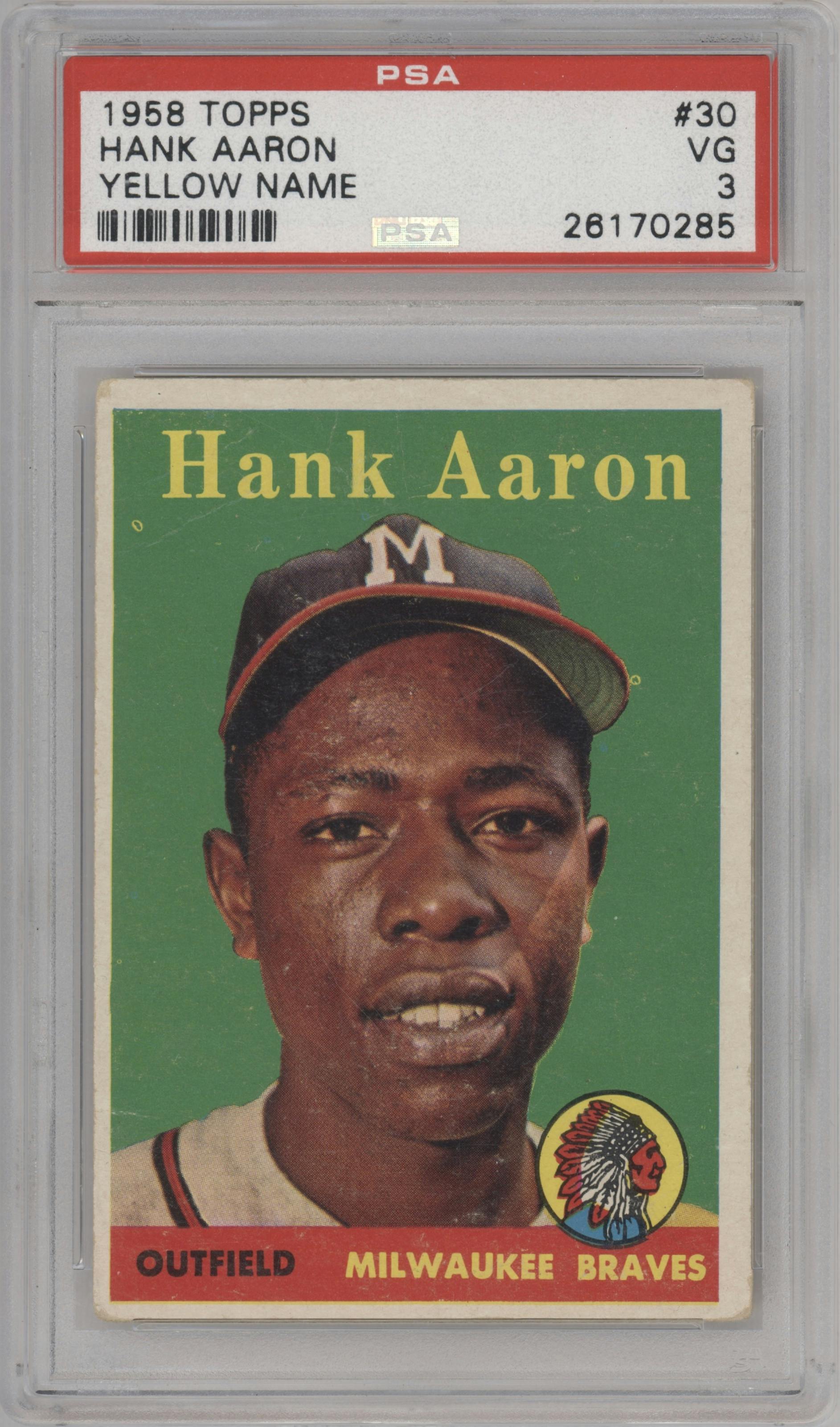 Hank Aaron from the 1958 Topps set featuring a Yellow Name parallel graded by PSA and given an overall grade of 3.