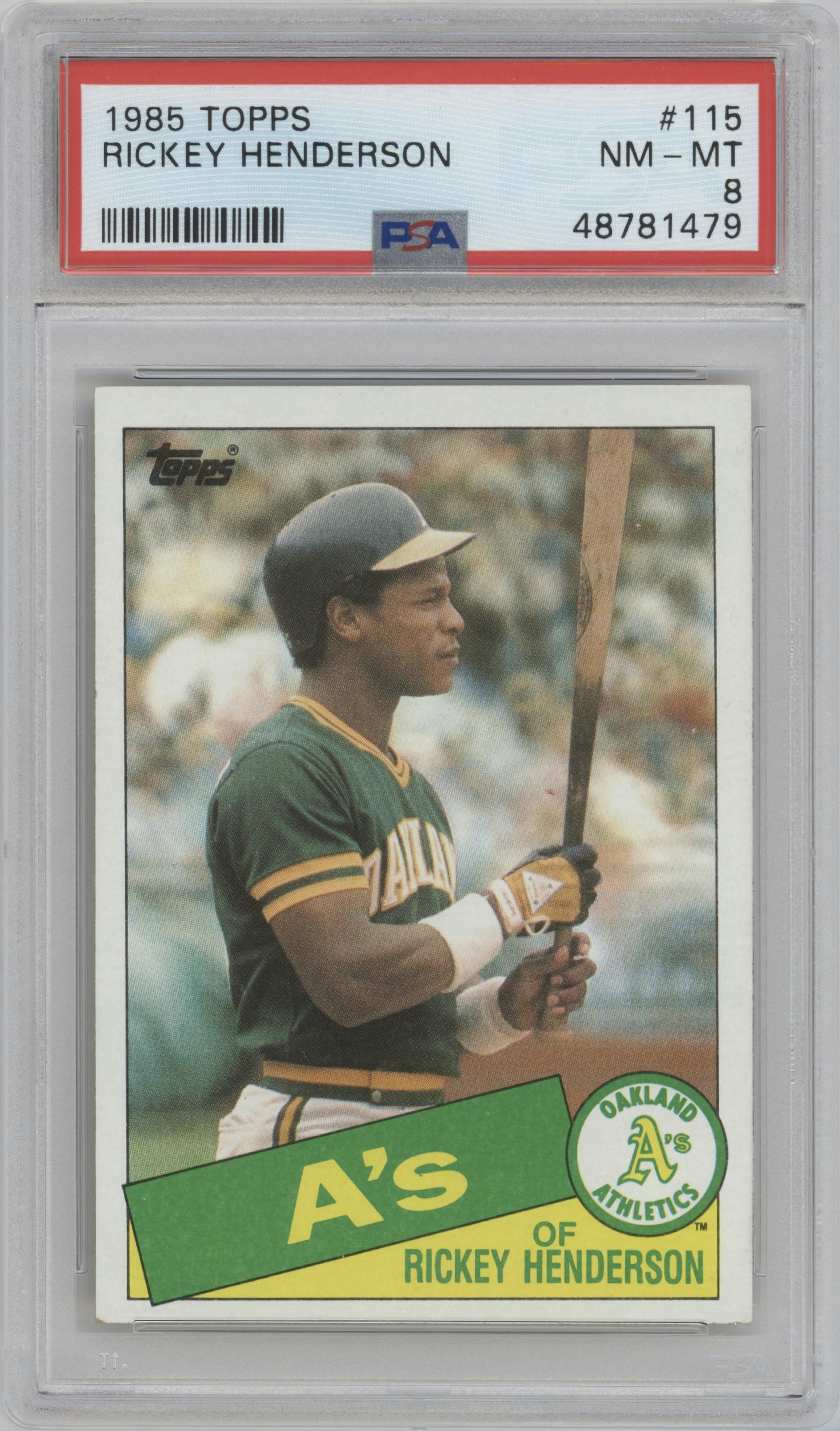 Rickey Henderson from the 1985 Topps set graded by PSA and given an overall grade of 8.