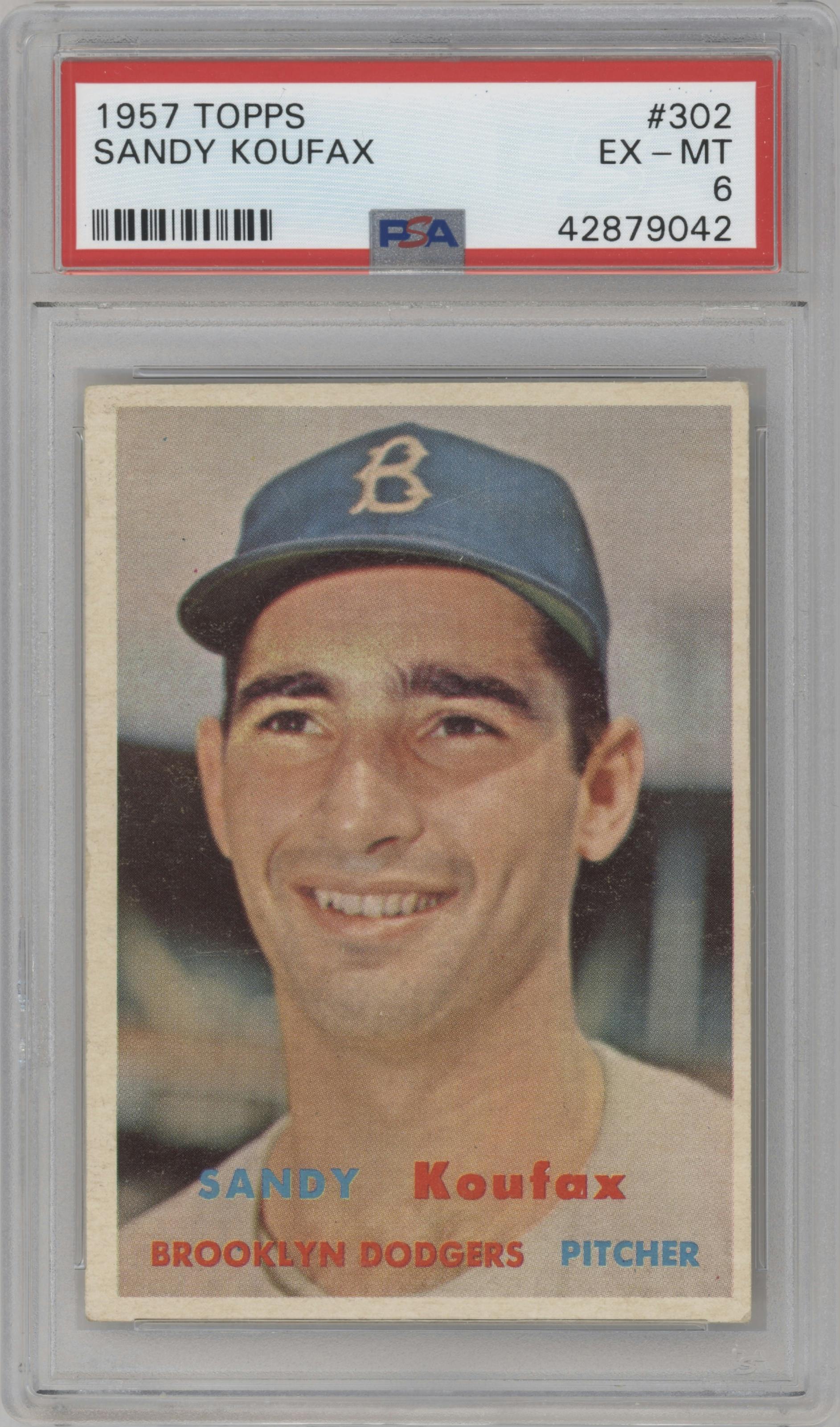 Sandy Koufax from the 1957 Topps set graded by PSA and given an overall grade of 6.
