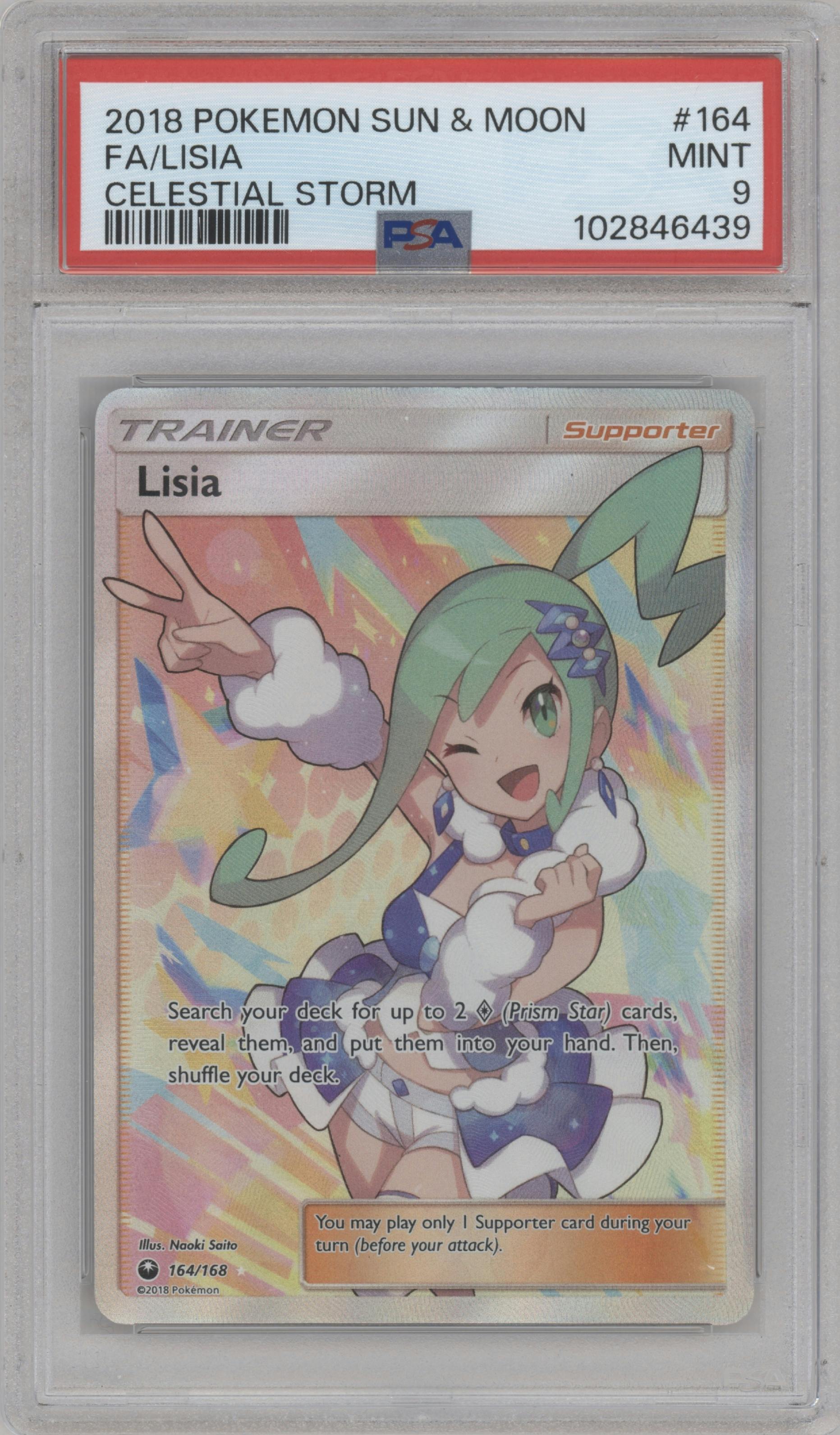 Lisia from the 2018 Pokemon S&M  set graded by PSA and given an overall grade of 9.