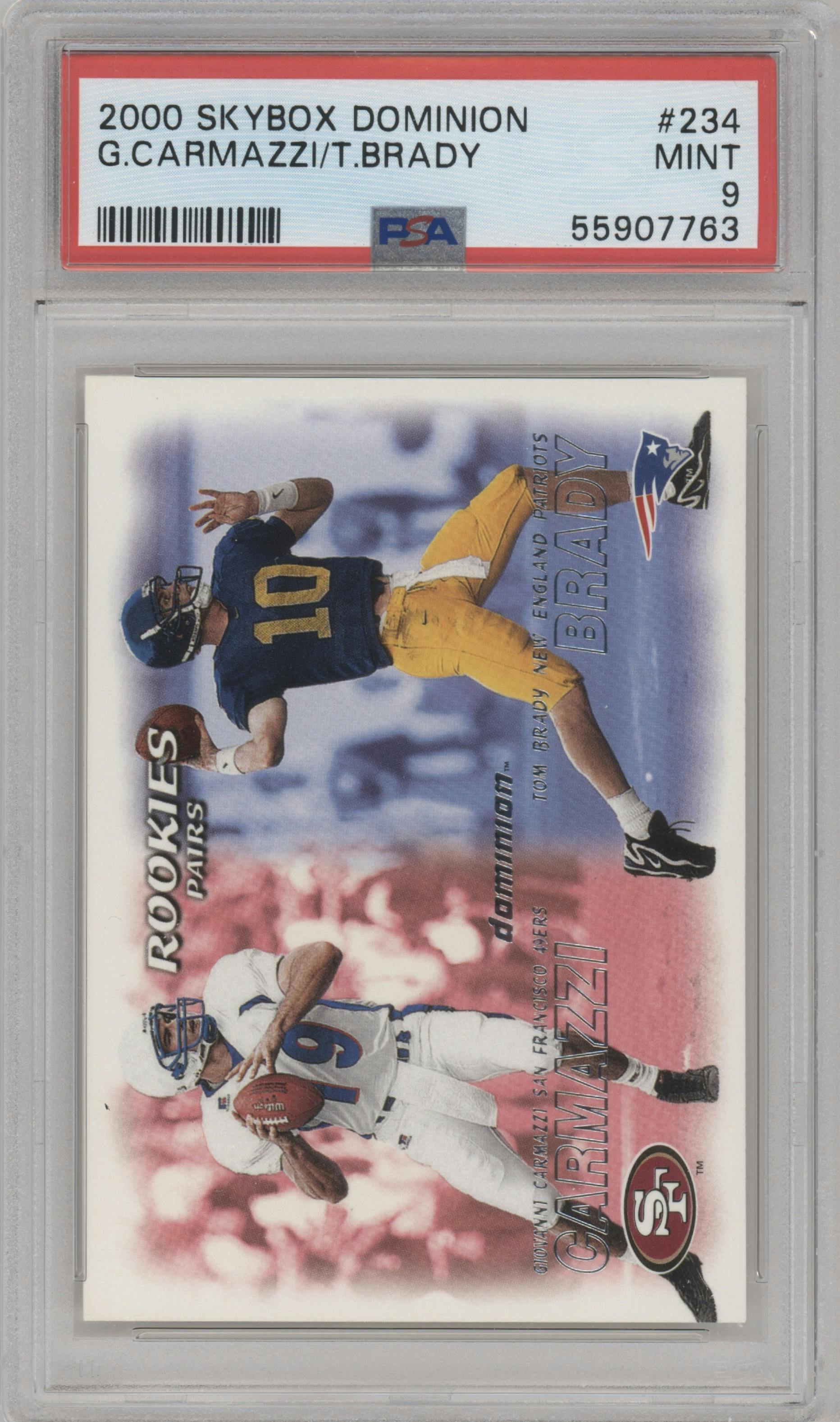 Giovanni Carmazzi/Tom Brady from the 2000 Skybox Dominion set graded by PSA and given an overall grade of 9.
