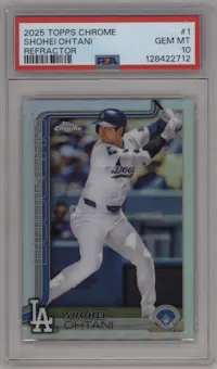 Shohei Ohtani  from the 2025 Topps Chrome set featuring a Refractor parallel graded by PSA and given an overall grade of 10.