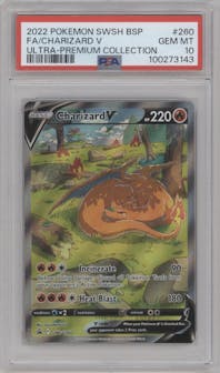 Charizard V from the 2022 Pokemon SWSH set featuring a Ultra Premium Collection parallel graded by PSA and given an overall grade of 10.