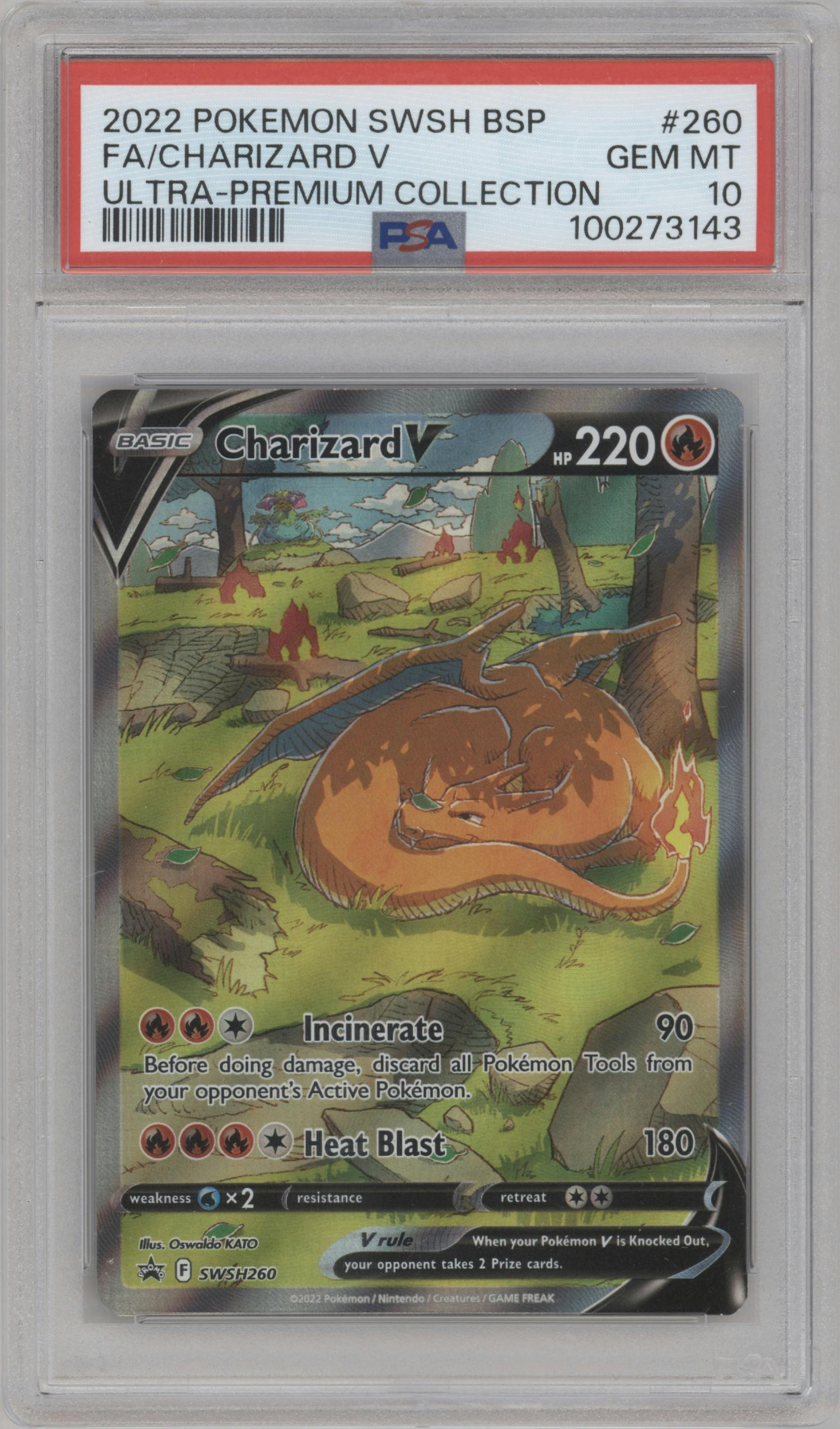 Charizard V from the 2022 Pokemon SWSH set featuring a Ultra Premium Collection parallel graded by PSA and given an overall grade of 10.