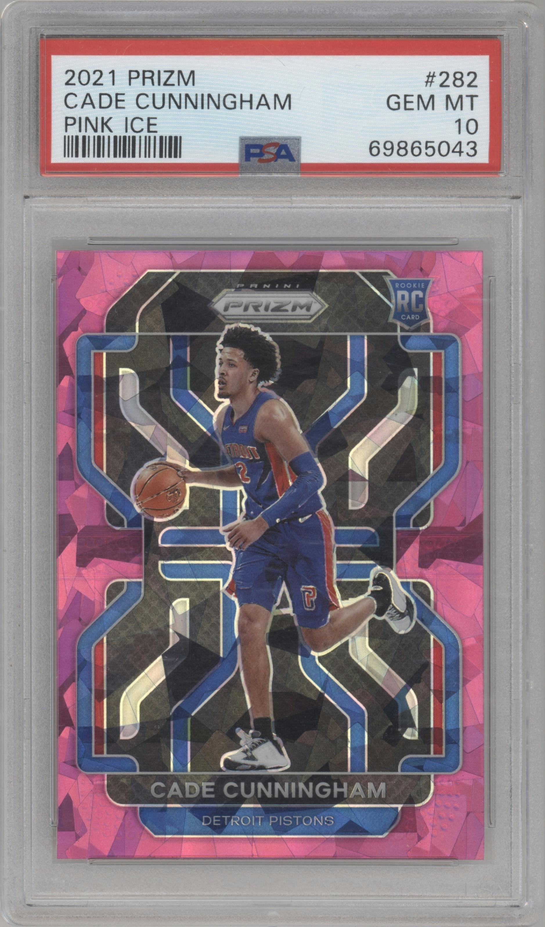 Cade Cunningham from the 2021-22 Panini Prizm  set featuring a Pink Ice parallel graded by PSA and given an overall grade of 10.
