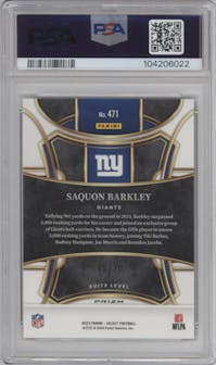 Saquon Barkley from the 2023 Panini Select set featuring a Dragon Scale parallel graded by PSA and given an overall grade of 10.