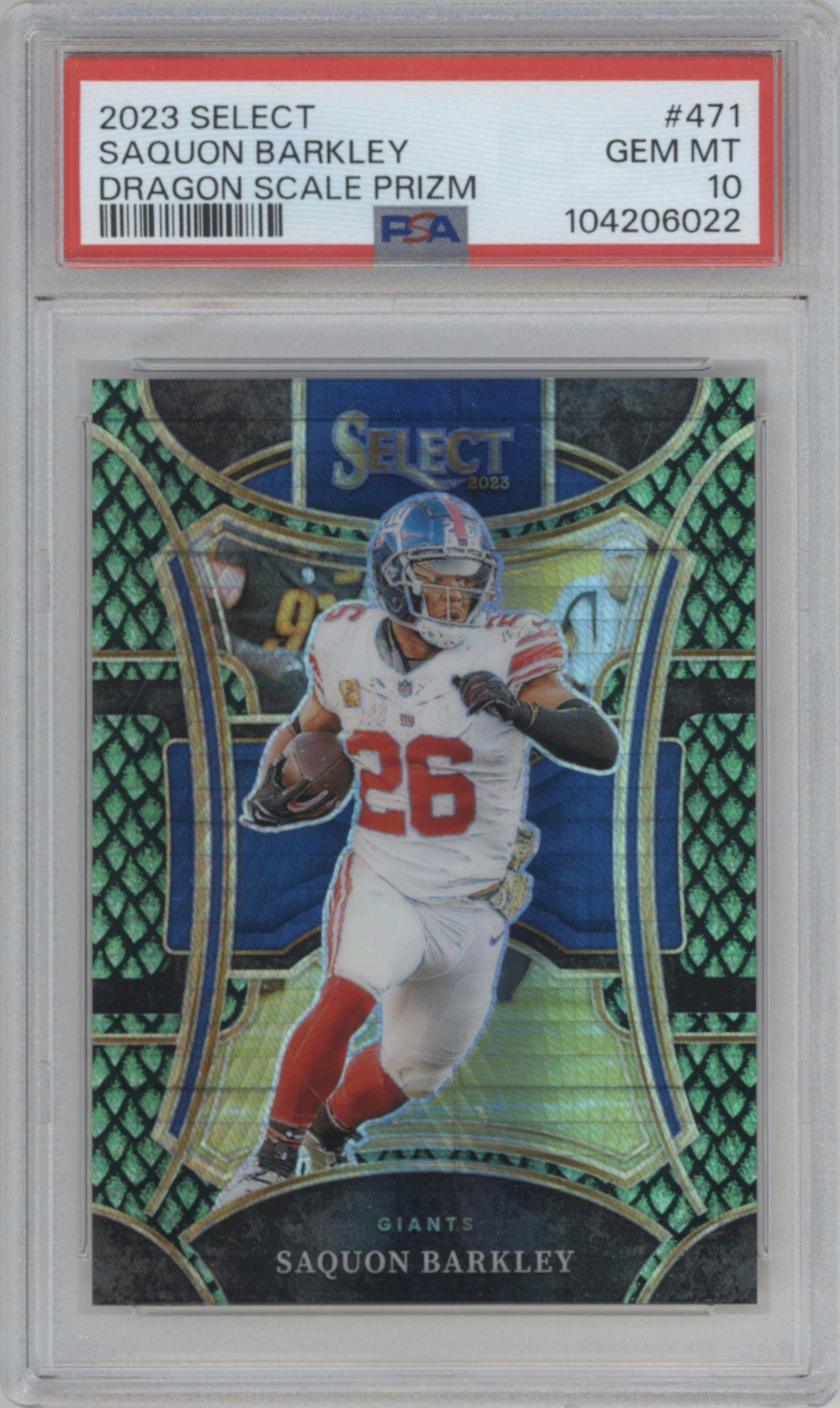 Saquon Barkley from the 2023 Panini Select set featuring a Dragon Scale parallel graded by PSA and given an overall grade of 10.