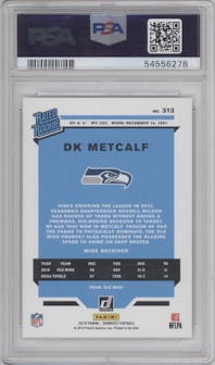 DK Metcalf from the 2019 Panini Donruss set featuring a Canvas parallel graded by PSA and given an overall grade of 9.