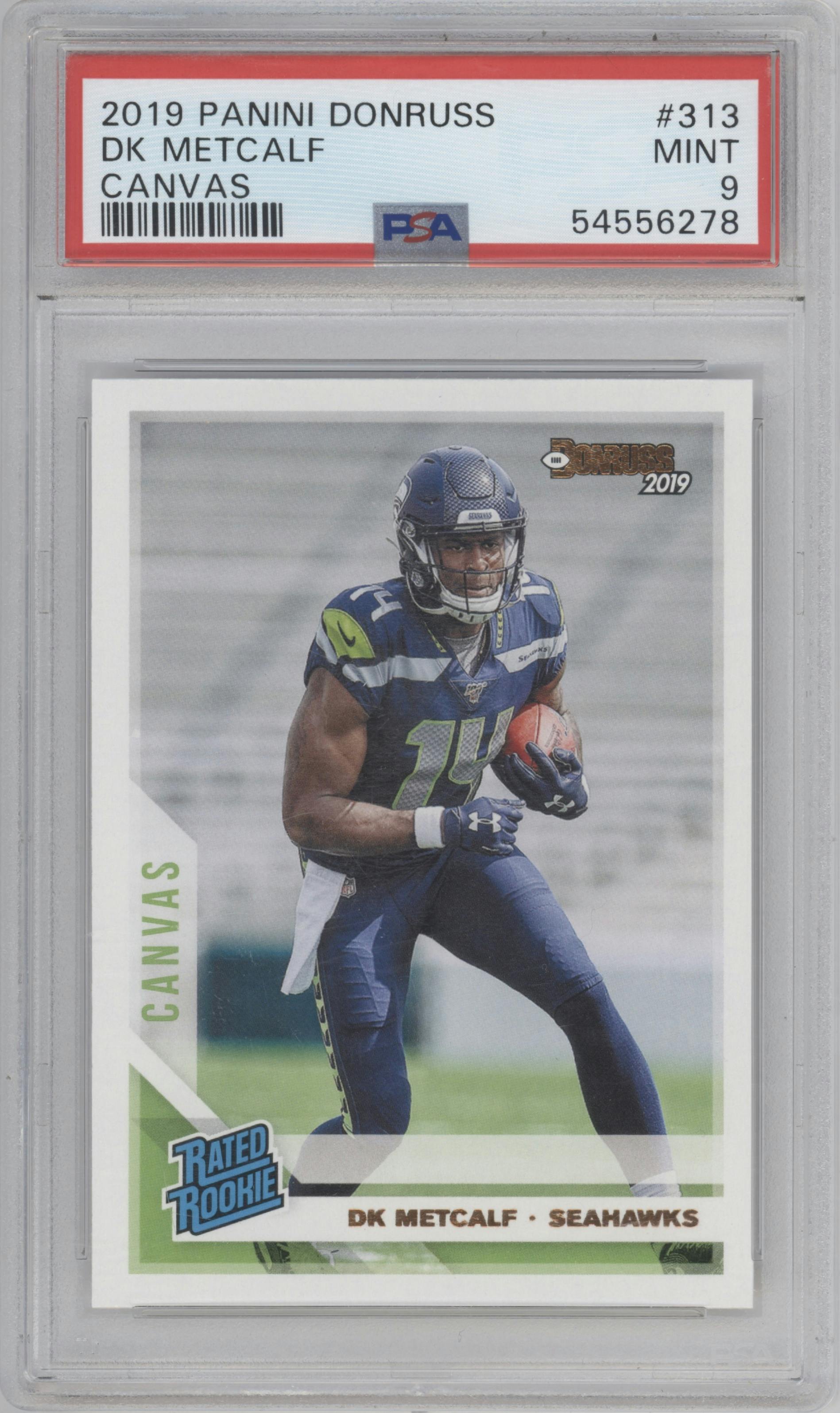 DK Metcalf from the 2019 Panini Donruss set featuring a Canvas parallel graded by PSA and given an overall grade of 9.