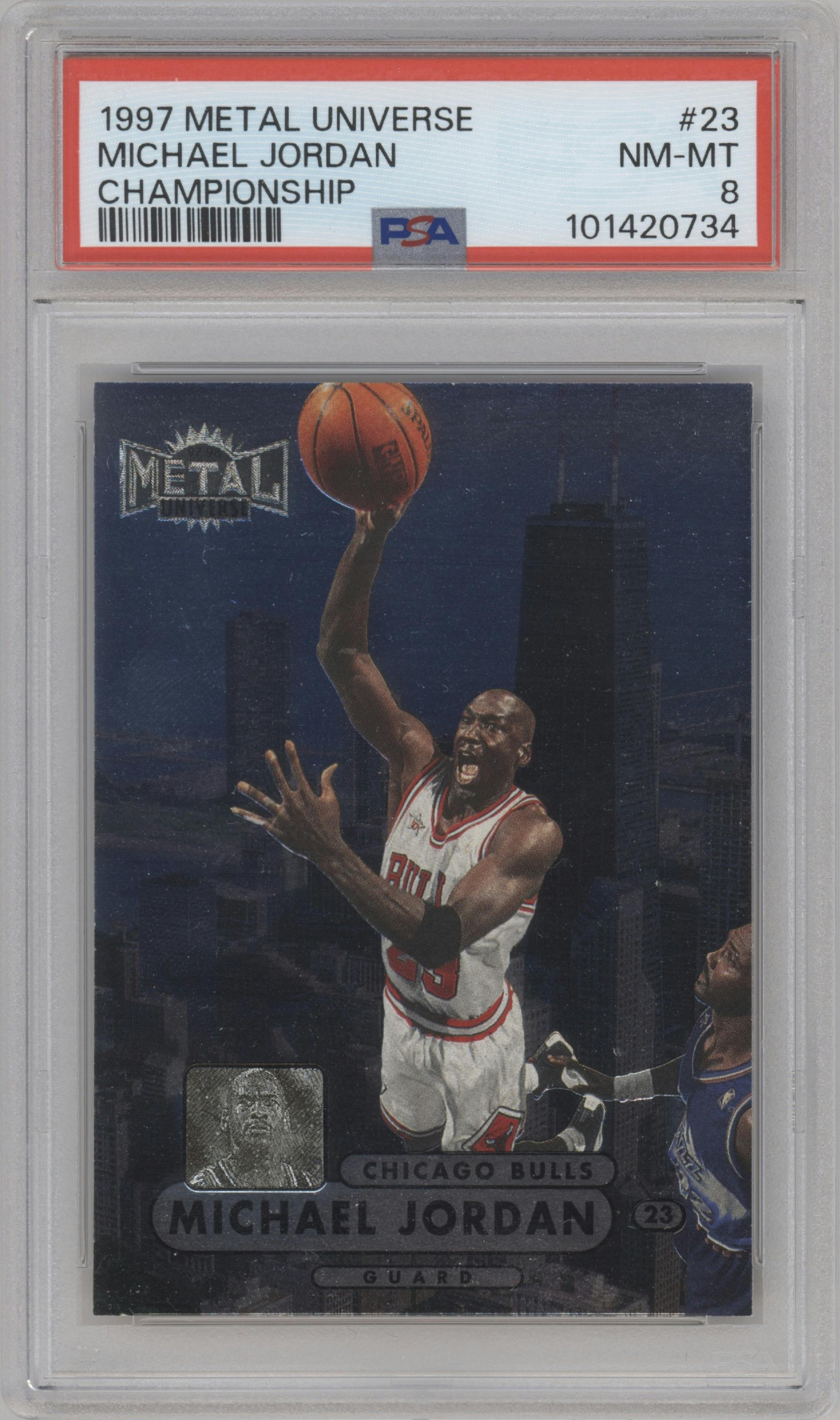 Michael Jordan from the 1997-98 Metal Universe Championship set graded by PSA and given an overall grade of 8.