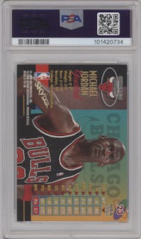 Michael Jordan from the 1997-98 Metal Universe Championship set graded by PSA and given an overall grade of 8.