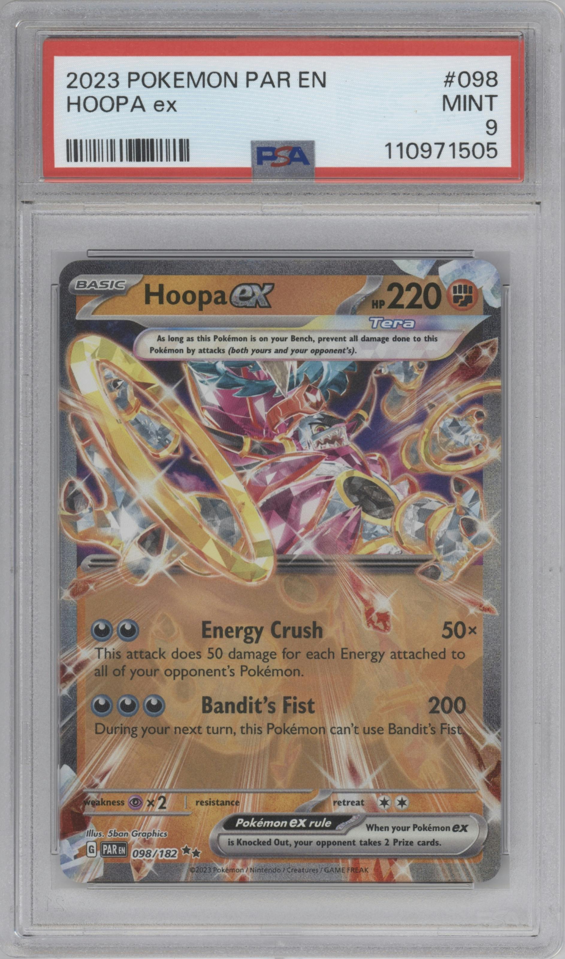 Hoopa ex from the 2023 Pokemon SV set graded by PSA and given an overall grade of 9.