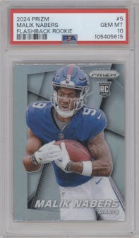 Malik Nabers from the 2024 Panini Prizm set graded by PSA and given an overall grade of 10.