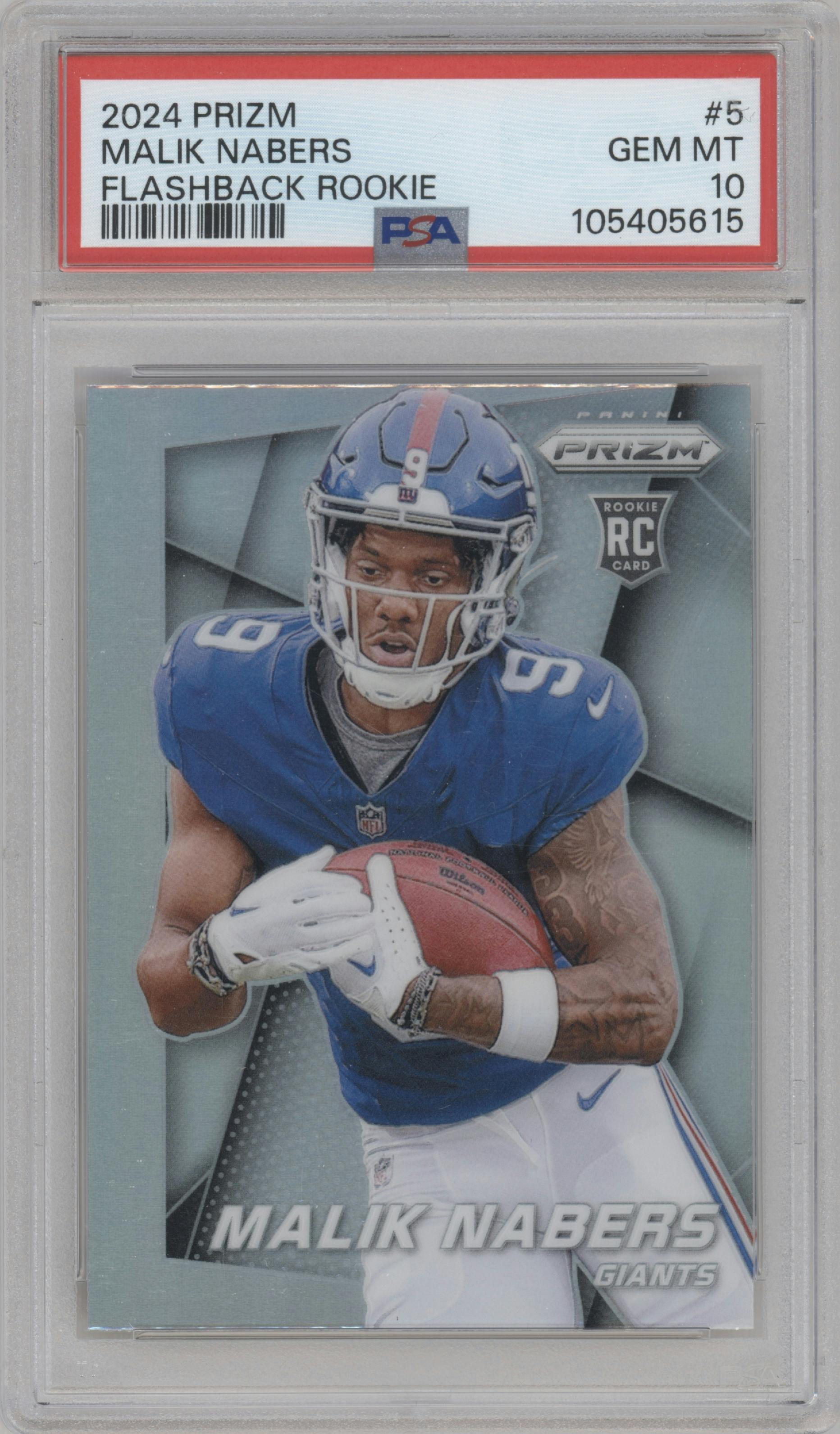 Malik Nabers from the 2024 Panini Prizm set graded by PSA and given an overall grade of 10.