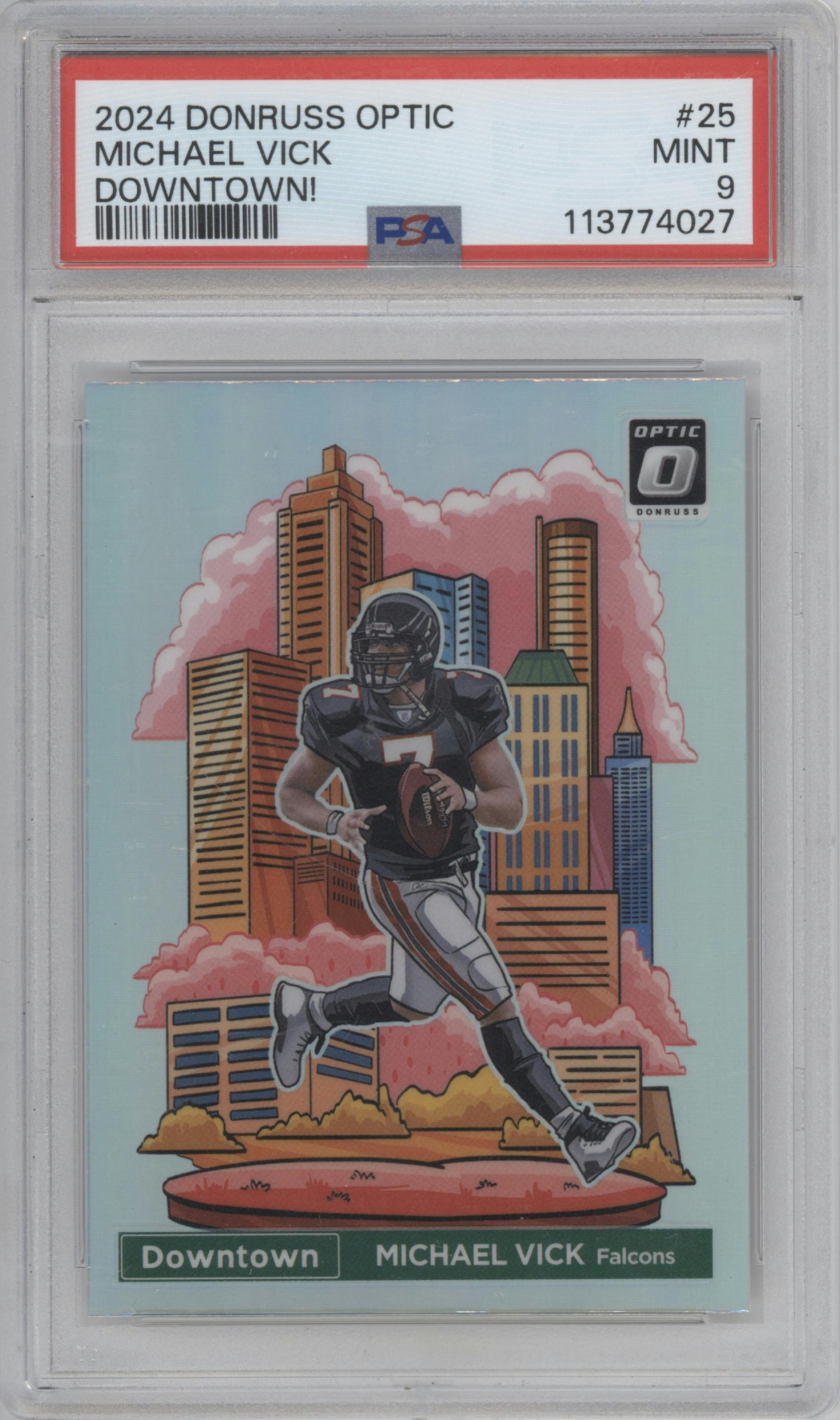 Michael Vick from the 2024 Donruss Optic set graded by PSA and given an overall grade of 9.