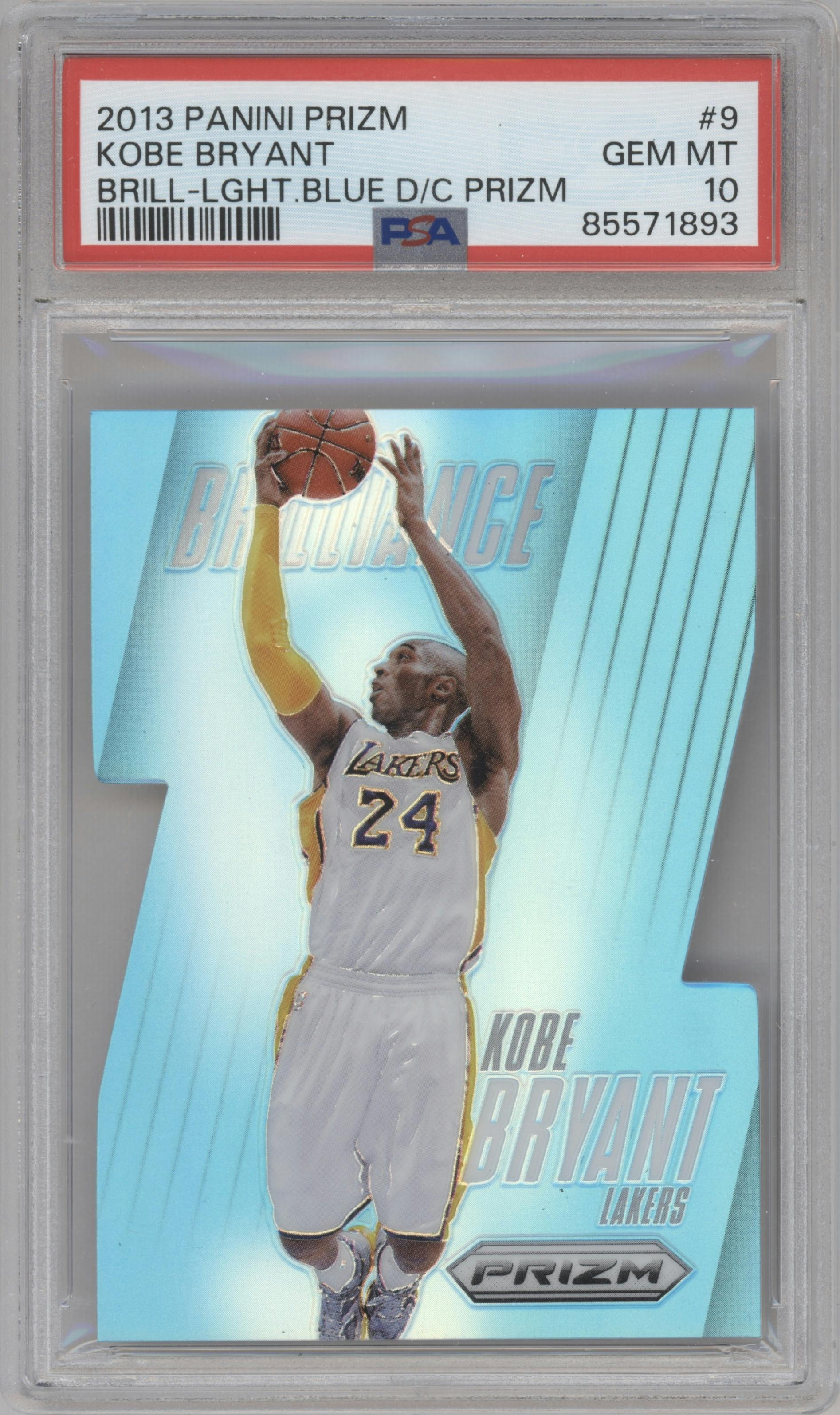  Kobe Bryant from the 2013-14 Panini Prizm set featuring a Die-Cut Light Blue parallel graded by PSA and given an overall grade of 10.