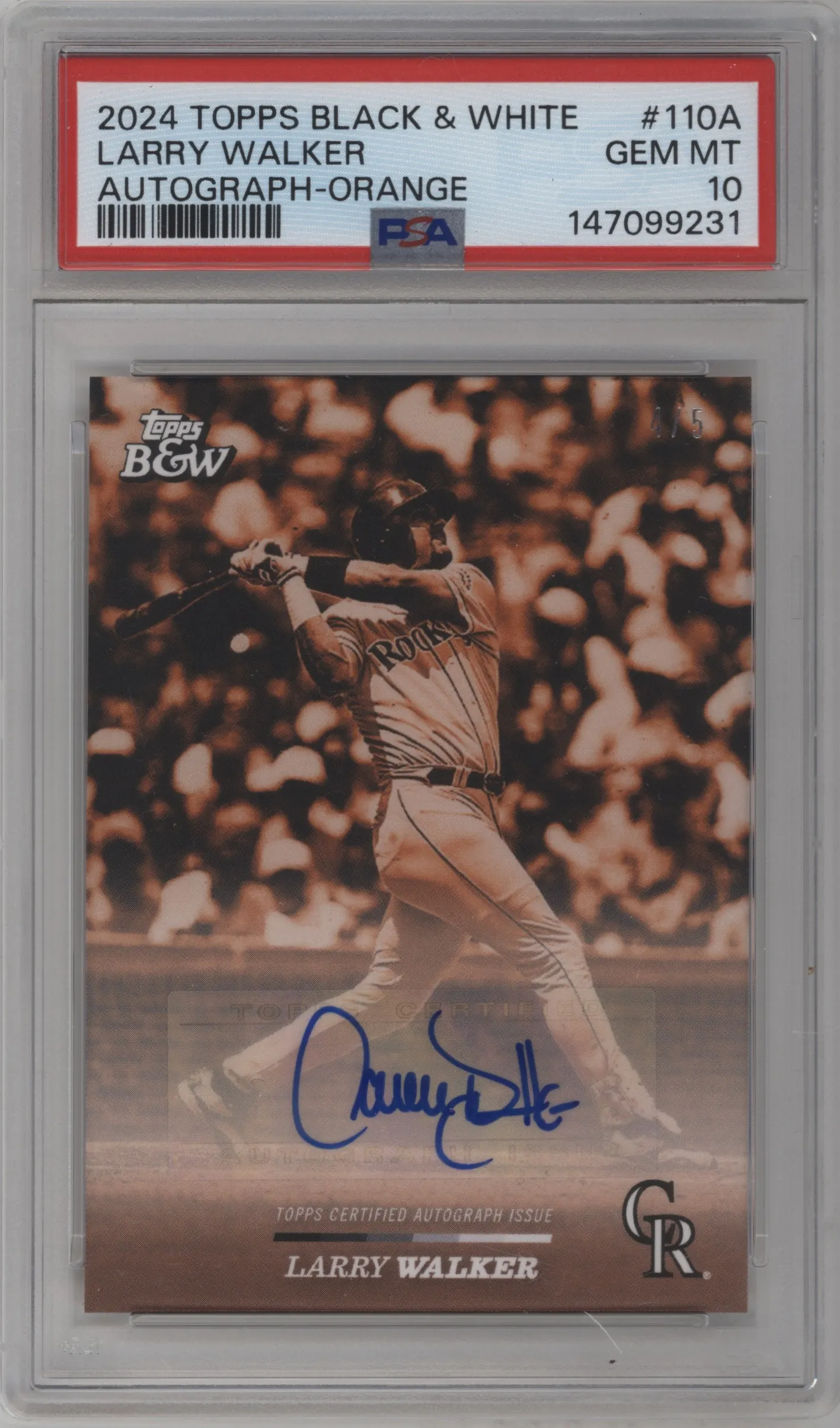 2024 Topps Black & White Auto Larry Walker Orange #110-A PSA 10