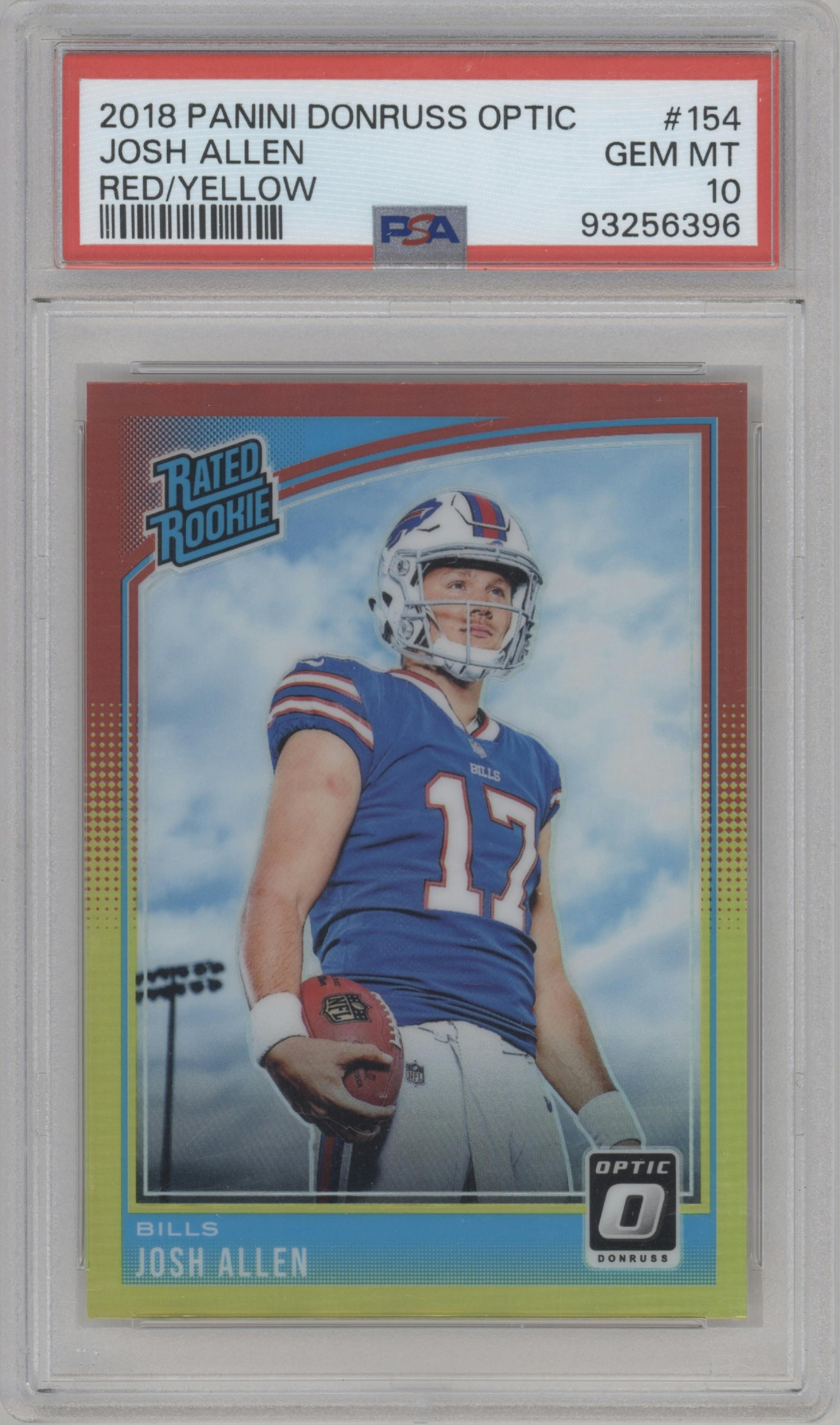 Josh Allen from the 2018 Panini Donruss Optic set featuring a Red/Yellow parallel graded by PSA and given an overall grade of 10.