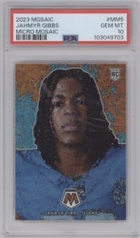 Jahmyr Gibbs from the 2023 Panini Mosaic set graded by PSA and given an overall grade of 10.