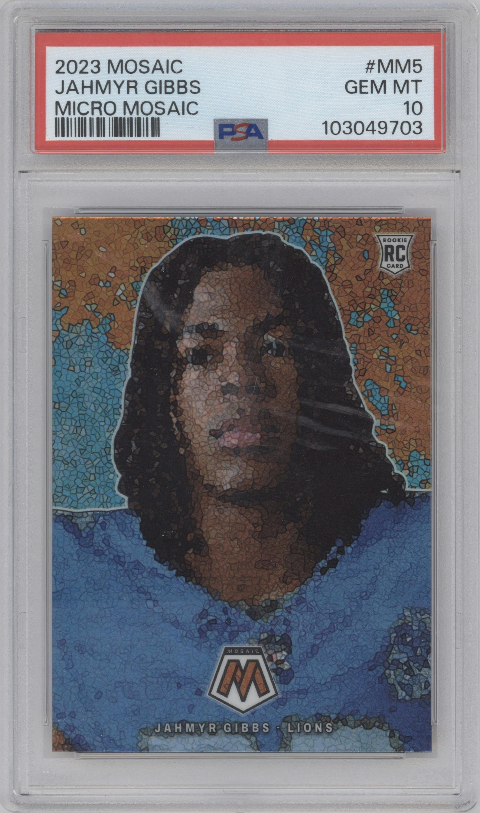 Jahmyr Gibbs from the 2023 Panini Mosaic set graded by PSA and given an overall grade of 10.
