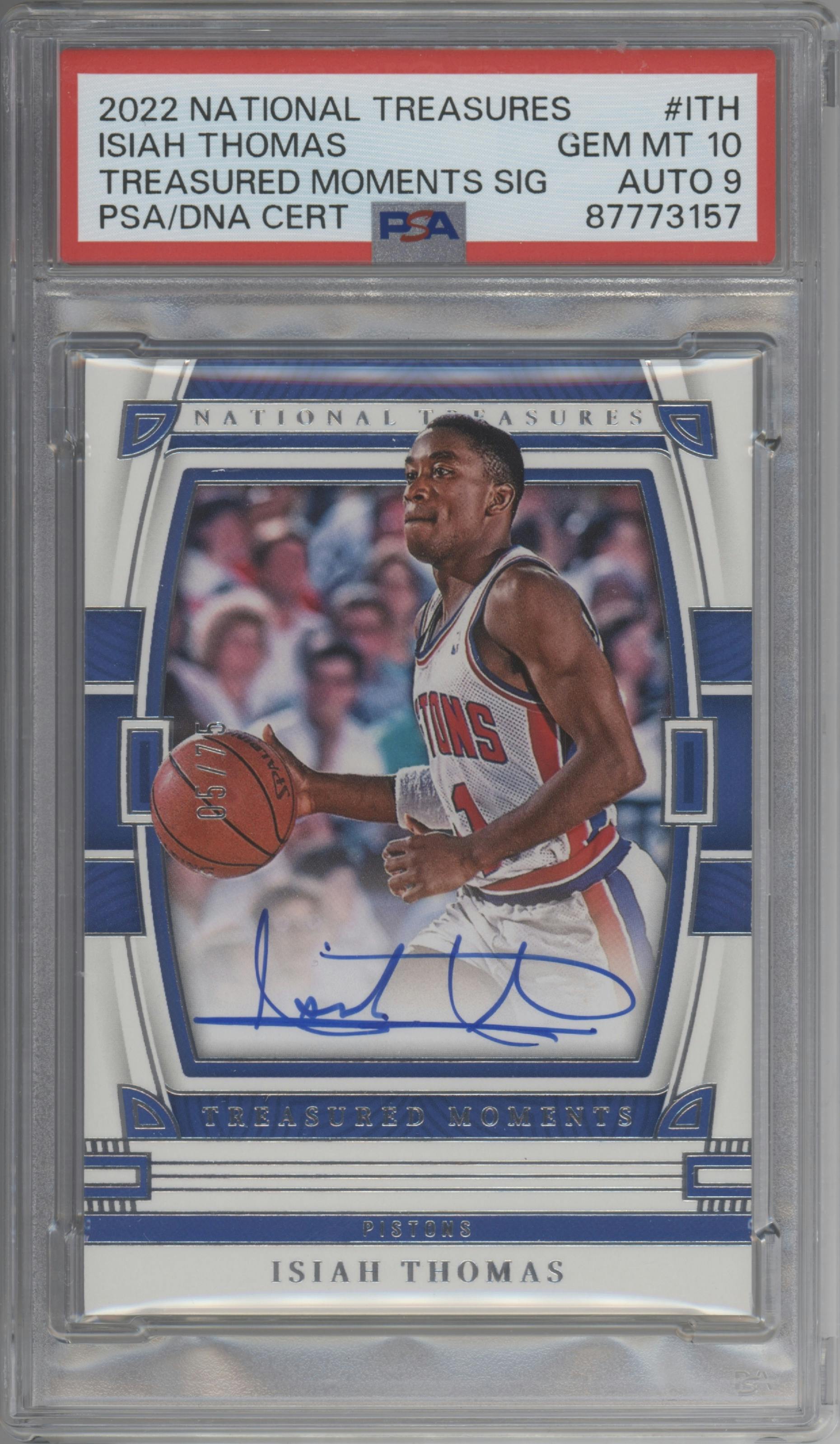 Isiah Thomas from the 2022-23 Panini National Treasures set graded by PSA and given an overall grade of 10.