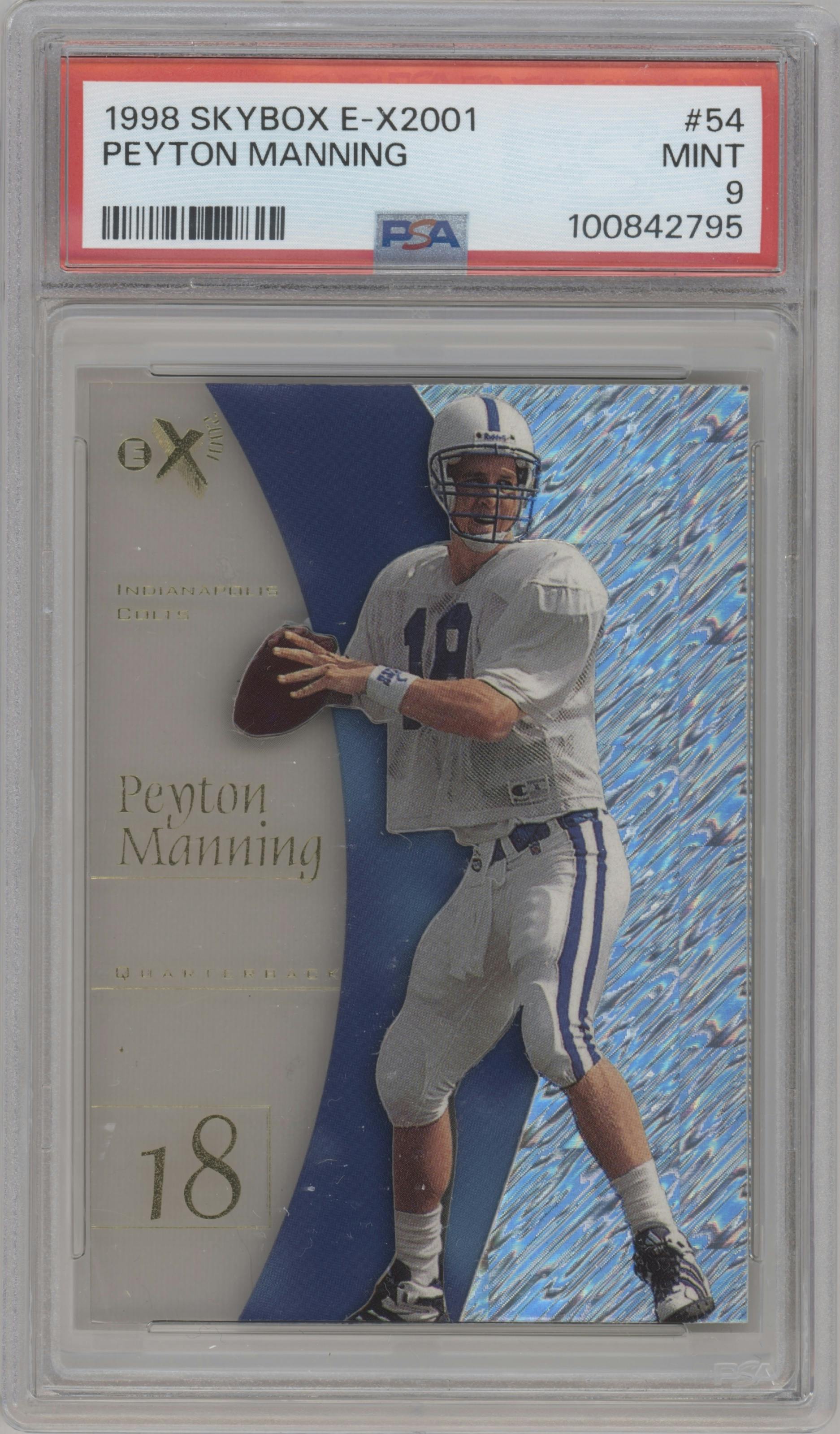 Peyton Manning from the 1998 SkyBox E-X2001 set graded by PSA and given an overall grade of 9.