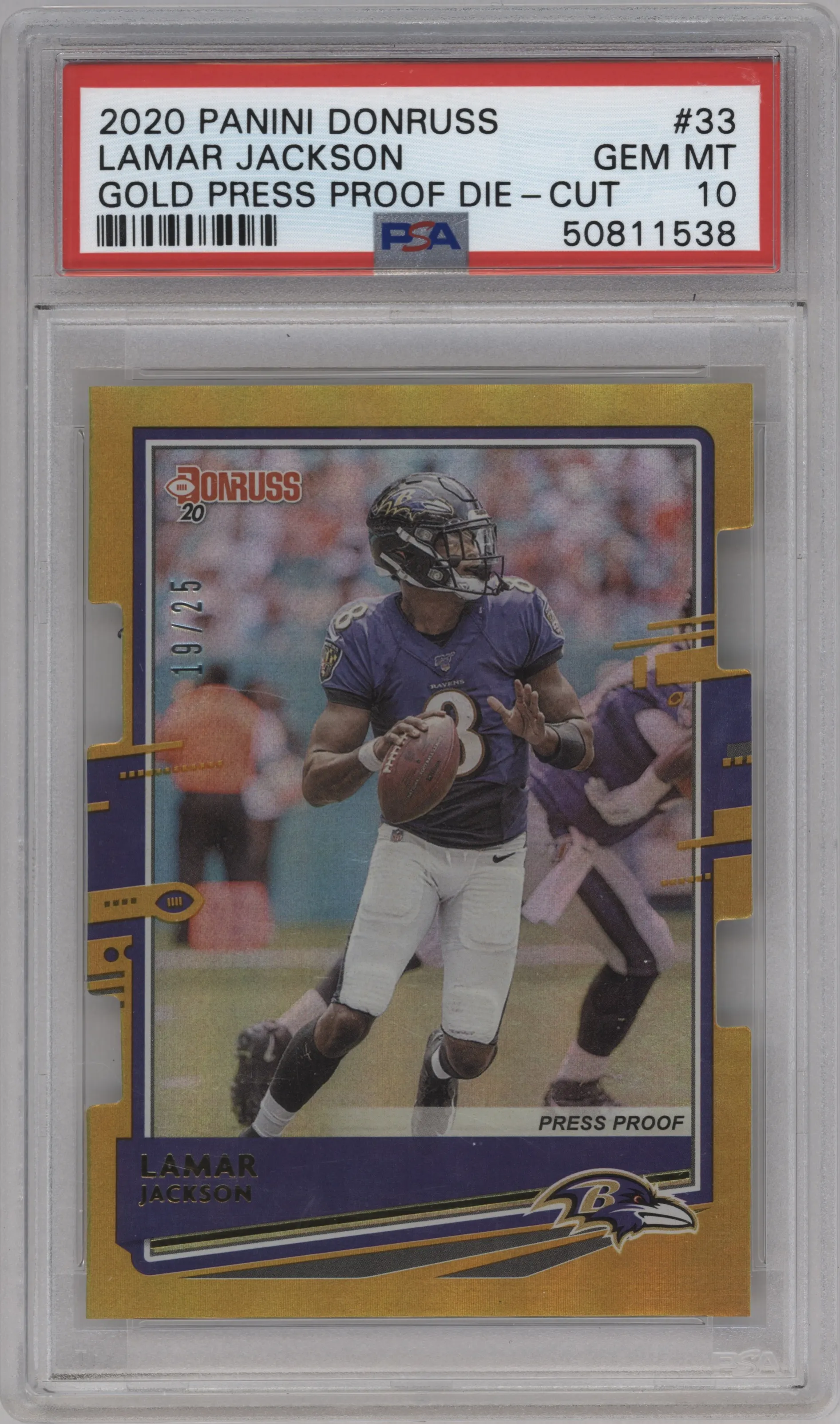 2020 Panini Donruss Lamar Jackson Press Proof Gold Die-Cut #33 PSA 10