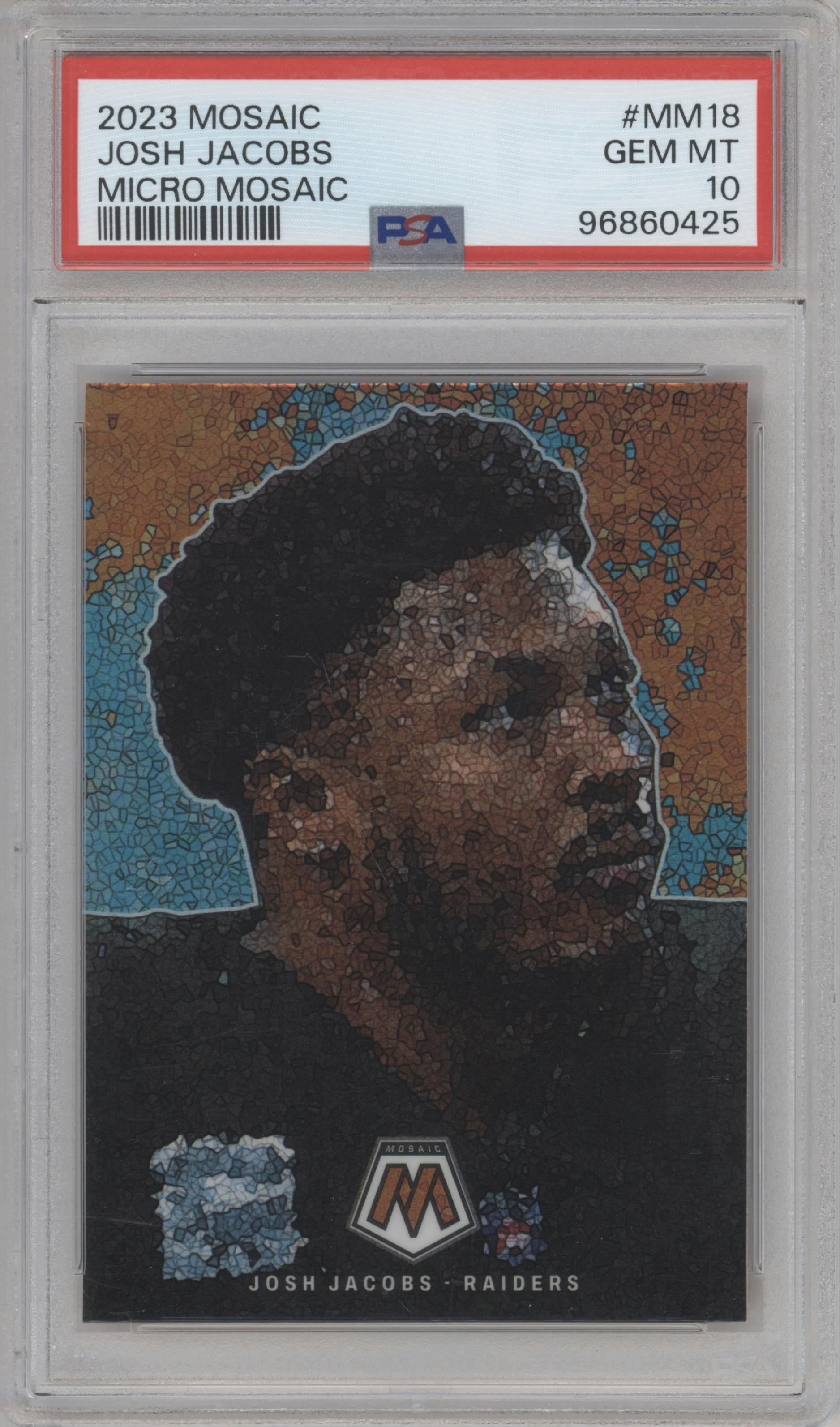 Josh Jacobs from the 2023 Panini Mosaic set graded by PSA and given an overall grade of 10.