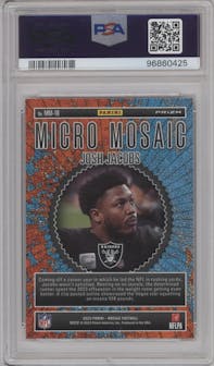 Josh Jacobs from the 2023 Panini Mosaic set graded by PSA and given an overall grade of 10.