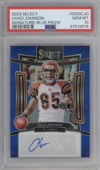 Chad Johnson from the 2023 Panini Select set featuring a Blue Prizm parallel graded by PSA and given an overall grade of 10.